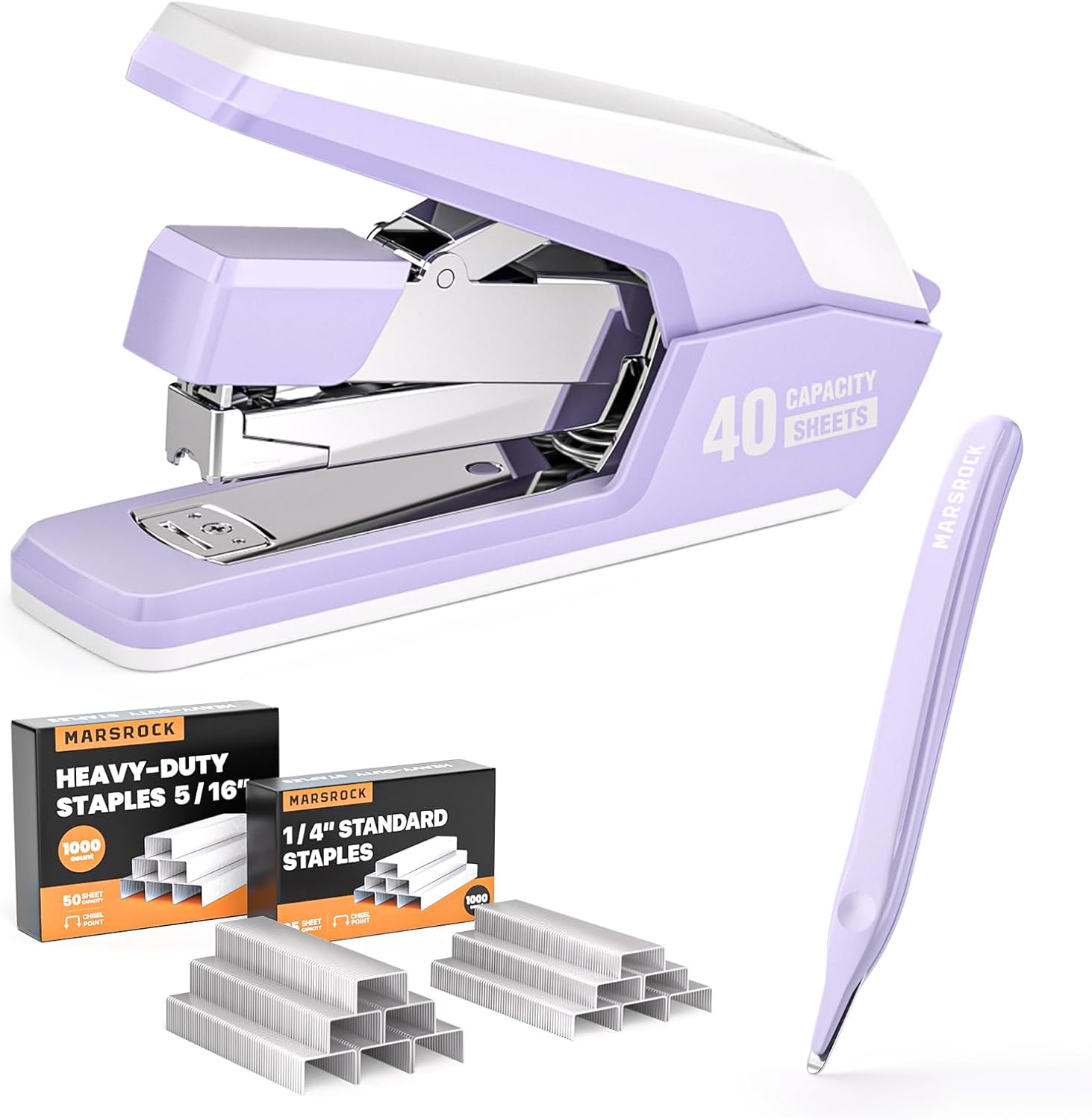 Marsrock Agrafeuse de Bureau Lourd Sans Effort, Capacité 40 Feuilles, Agrafage à 1 Doigt, Ergonomique et Facile à Charger, Comprend 2000 Agrafes et un Dissolvant D'agrafes Magnétique, Noir