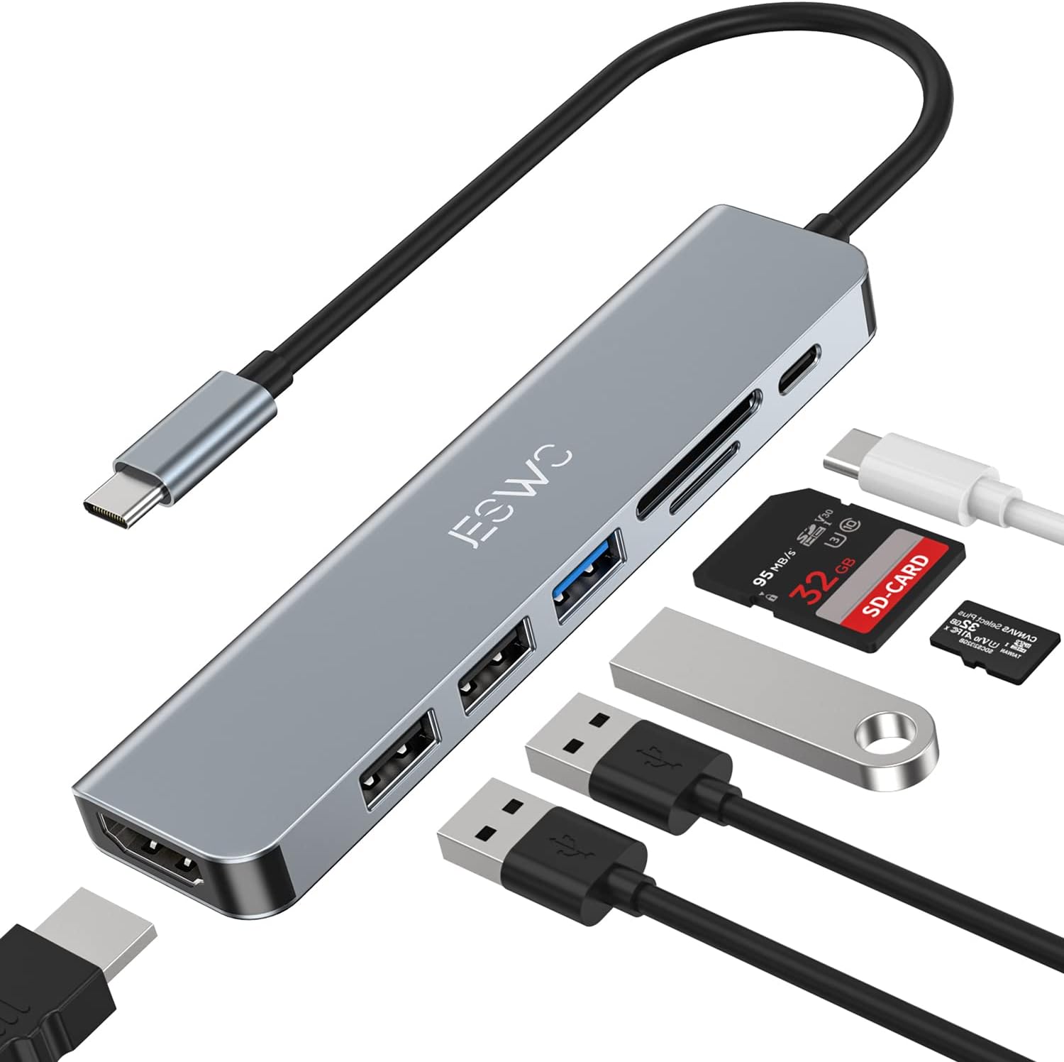 Hub USB C, JESWO 7 en 1 Adaptateur USB C avec HDMI 4K, USB 3.0, Lecteur de Cartes SD/TF, 100W PD, Adaptateur Multiport Compatible avec MacBook Pro/Air, iPad Pro, Dell XPS Appareils Type-C...(Gray)