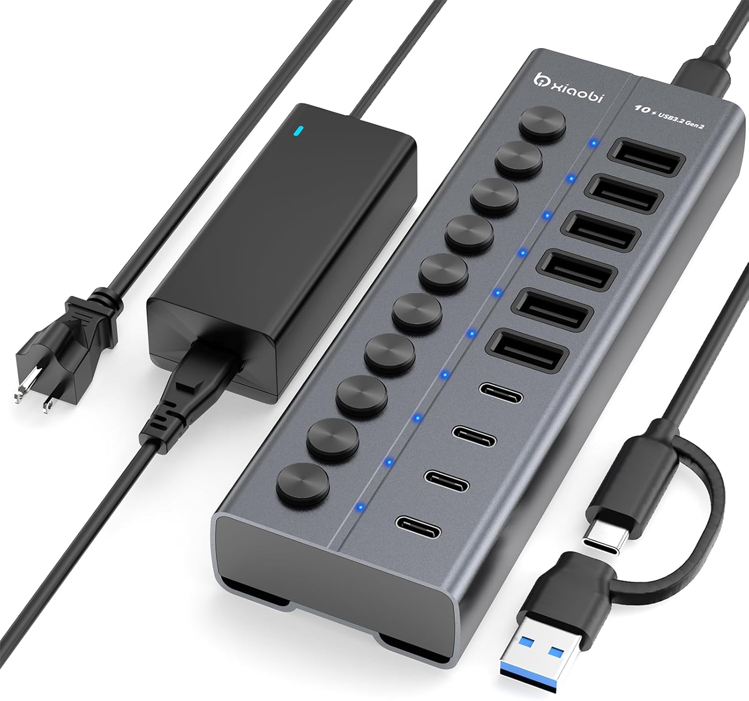 Hub USB alimenté, hub USB C 10 ports avec 6 ports USB-A 3.2, 4 ports USB-C