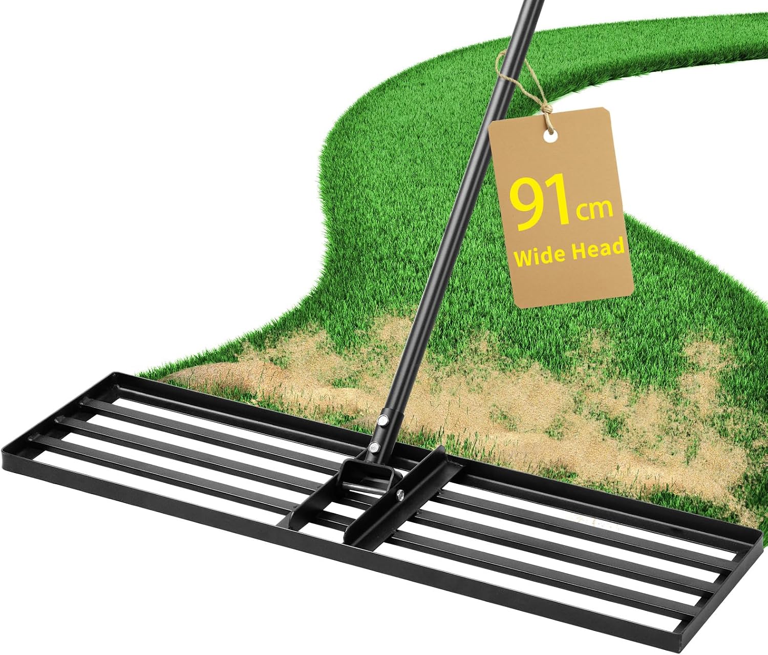 Jardineer Râteau de nivellement de pelouse robuste de 91,4 cm, manche de 183 cm de long pour gazon et sol, outil de nivellement de terre pour pelouse, jardin, entretien de terrain de golf