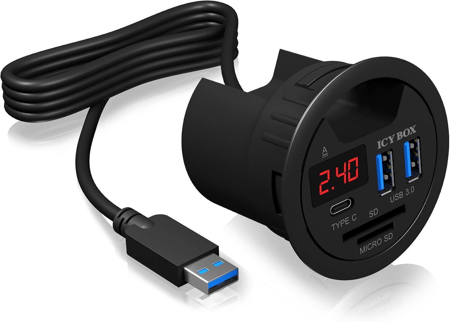 ICY BOX Hub USB de bureau (60 mm) à encastrer, 4 Ports USB 3.0, Passage de câble, Prise d'alimentation 5 V disponible, Noir, IB-HUB1403