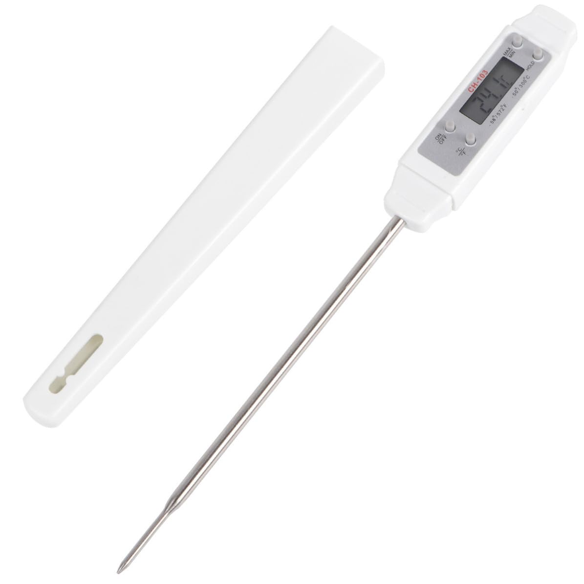 Angoily Thermomètre Alimentaire Numérique à Sonde, Thermomètre pour Aliments, Acier Inoxydable et Abs, Affichage Led, Blanc, pour Eau, Huile et Lait, Barbecue Cuisine