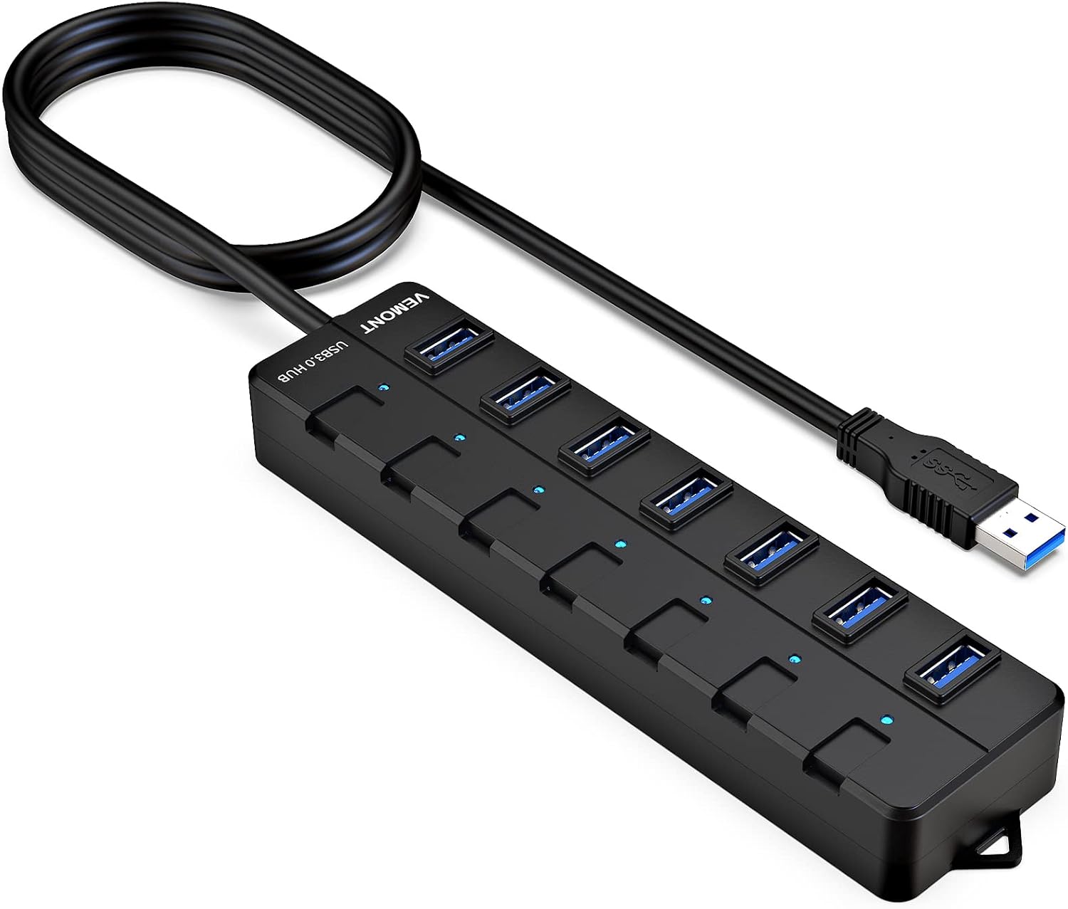 VEMONT Hub USB,7 Ports USB 3.0 Hub avec des commutateurs individuels LED avec Adaptateur d'alimentation Câble Long de 1,2 m pour Apple MacBook Air/Pro/iMac/MacPro/Ordinateurs et Ultrabooks Windows