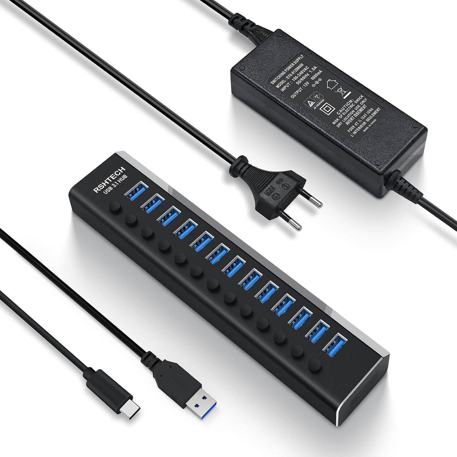 RSHTECH Hub USB 3.2 Alimenté à 13 Port, Multiprise Hub USB 10Gbps, RSH-A13