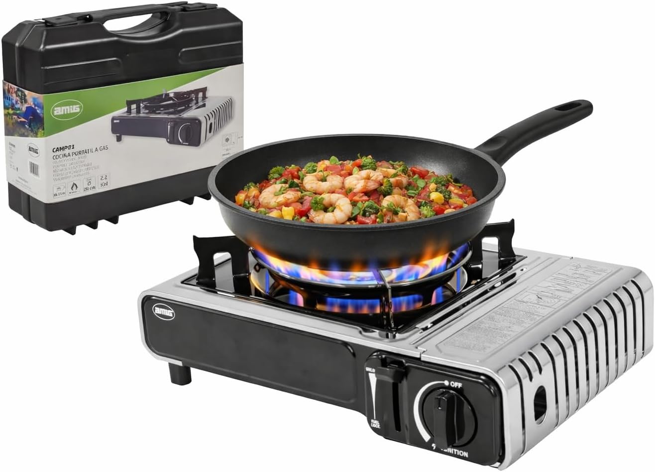 Amig - Réchaud de Camping Portable Camp01, 1 Brûleur 2,2 kW, Acier Inoxydable, Compatible Cartouches B-250, Pour Cuisine Extérieure, Cuisinière Portable, Acier Inoxydable