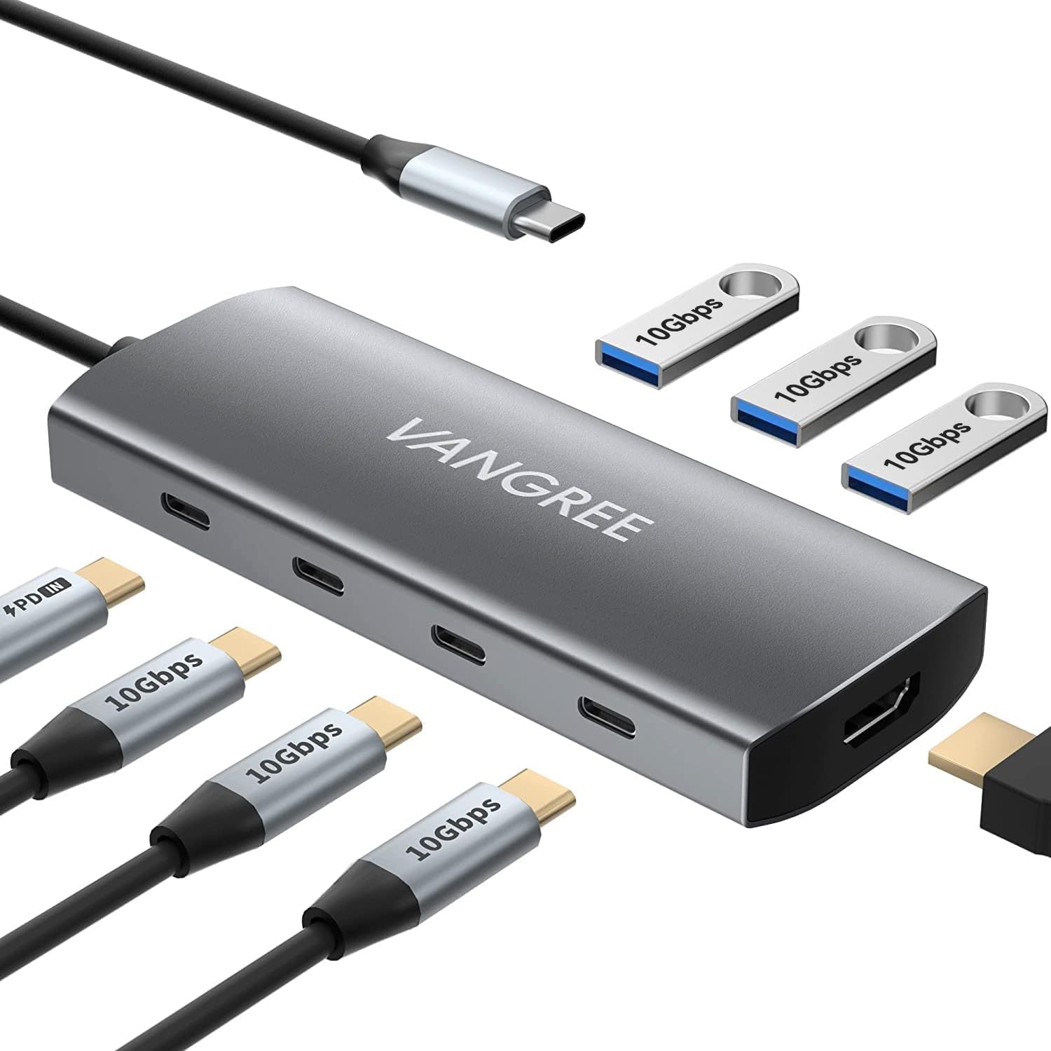 VANGREE USB C Hub 8 en 1, 3 USB-C+3 USB-A 3.2 10Gbps, 4K60Hz HDMI, 100W PD