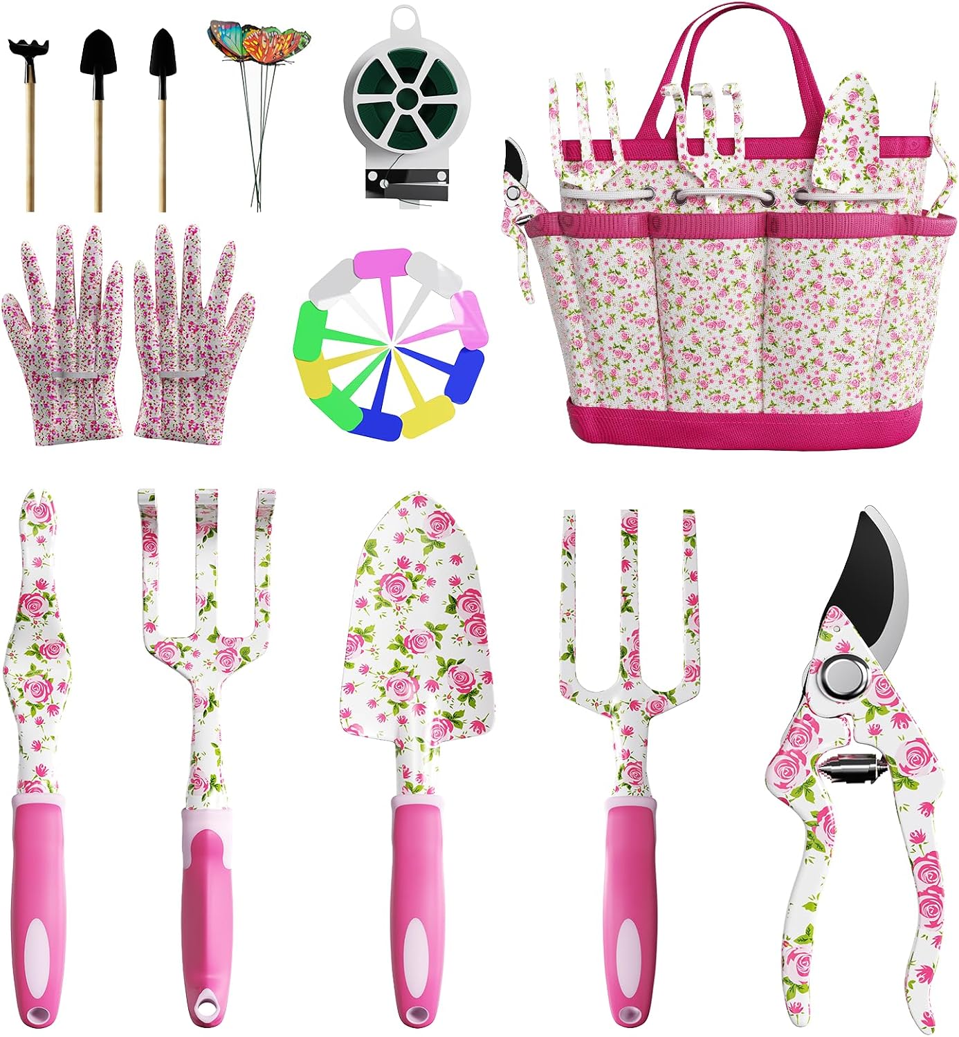 MYMULIKE Outils de Jardinage, 26 pièces Ensemble de Jardinage en Acier Inoxydable, avec Sac de Rangement, Cadeaux de kit Jardinage pour Homme et Femme