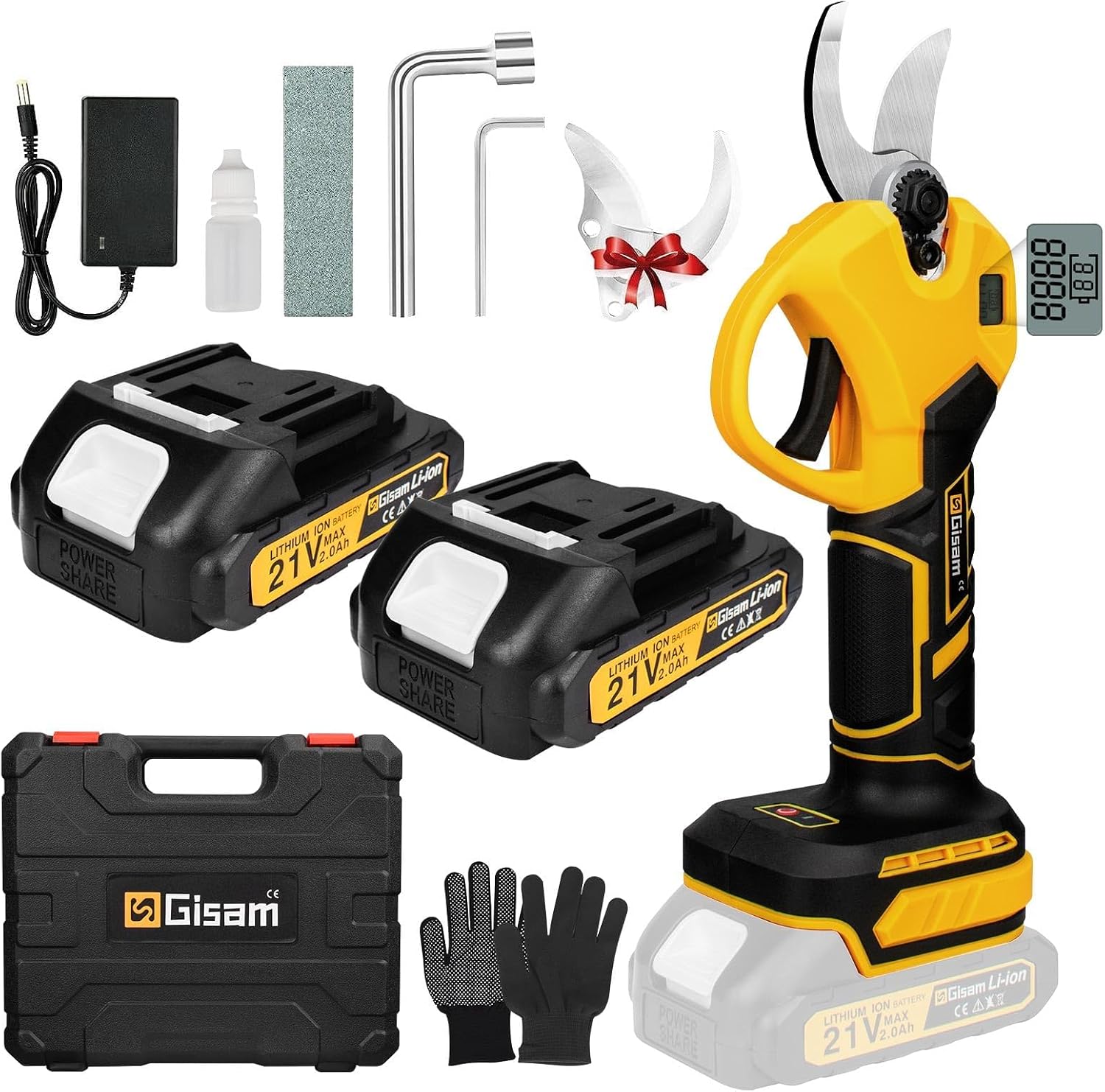 Secateur Electrique Professionnel, Gisam 40MM Secateur Electrique Sans Fil Elagueuse Electrique avec Batteries Rechargeables & LED Écran, Soutient le Réglage de L'ouverture (2 x 2Ah Batterie)