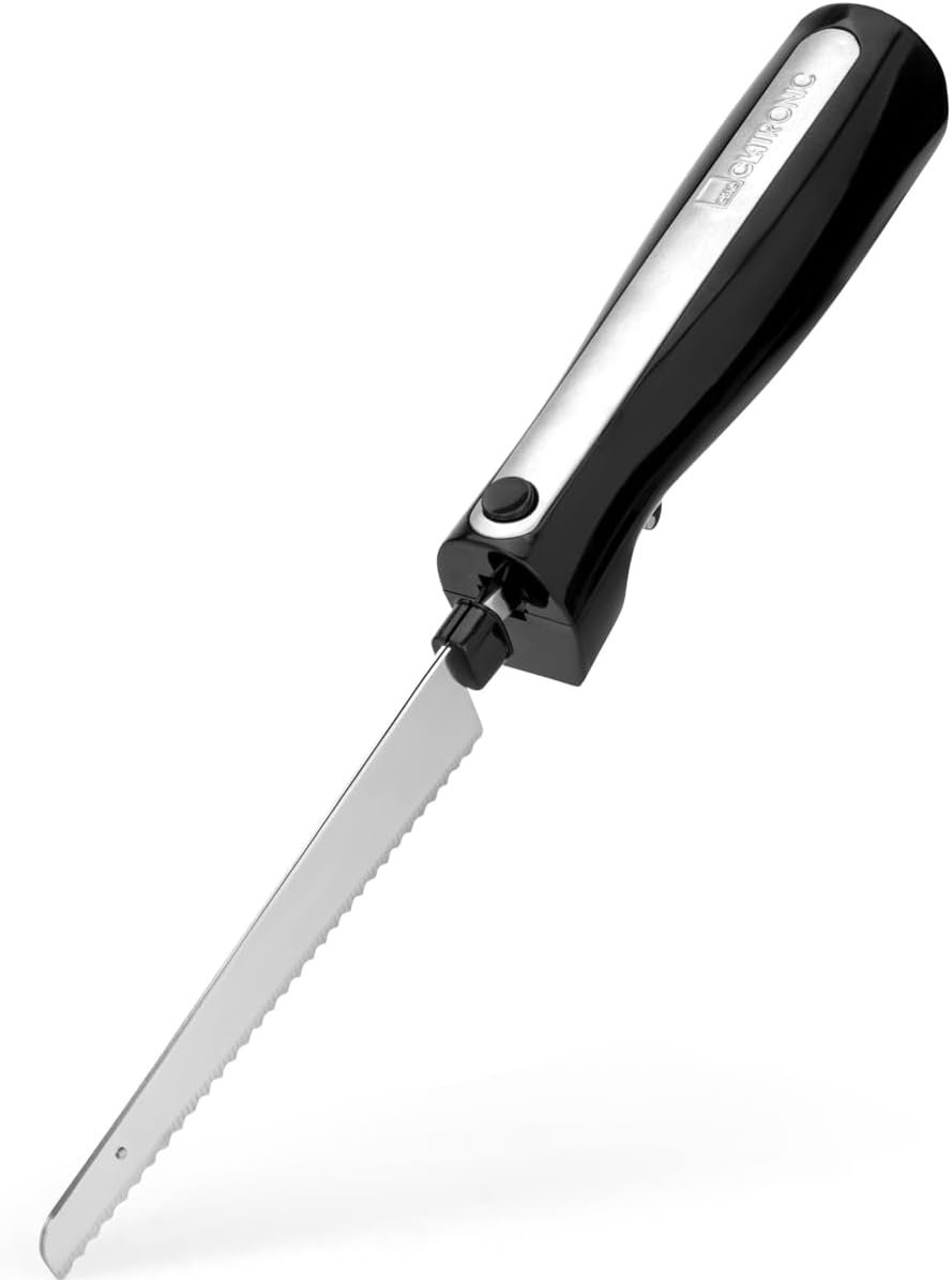 Clatronic EM 3702 couteau électrique, couteau électrique, couteau de cuisine électrique, aide de cuisine avec moteur de 120 W, boîte de rangement incluse, acier inoxydable/noir