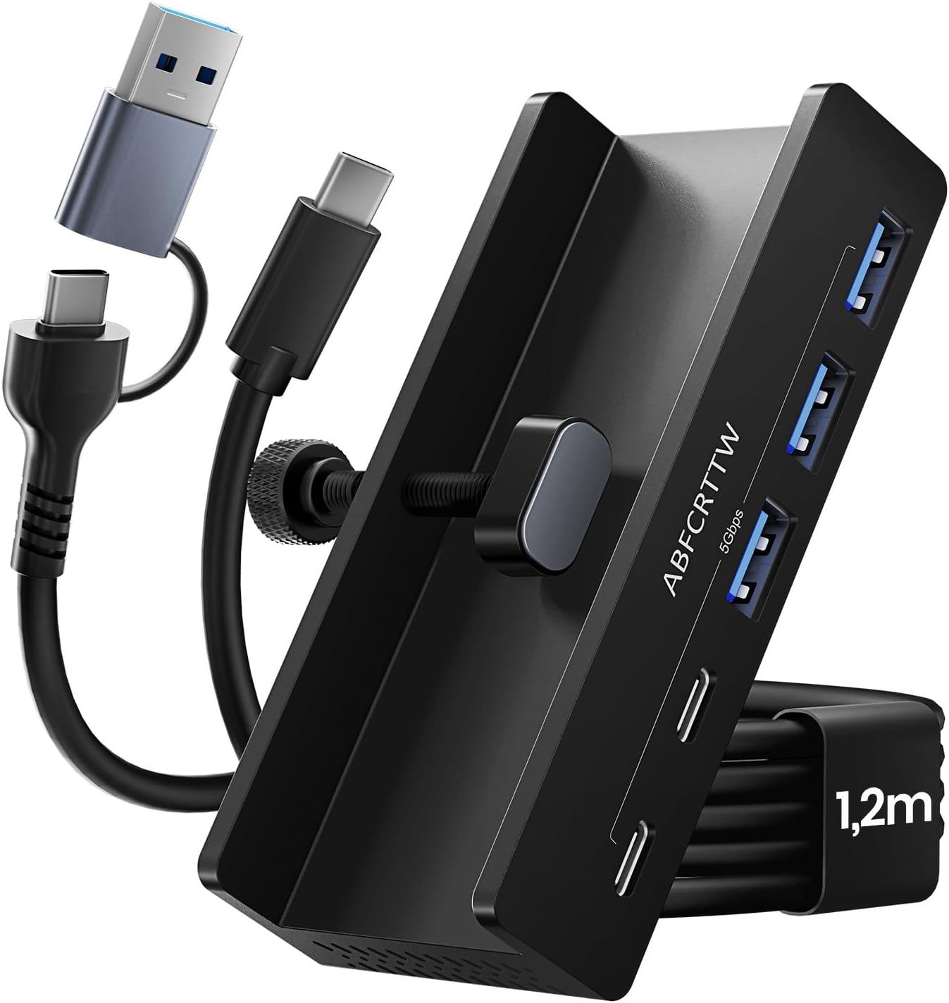 Hub USB 3.0 à 7 ports avec pince de bureau, 4 USB-A et 3 USB-C
