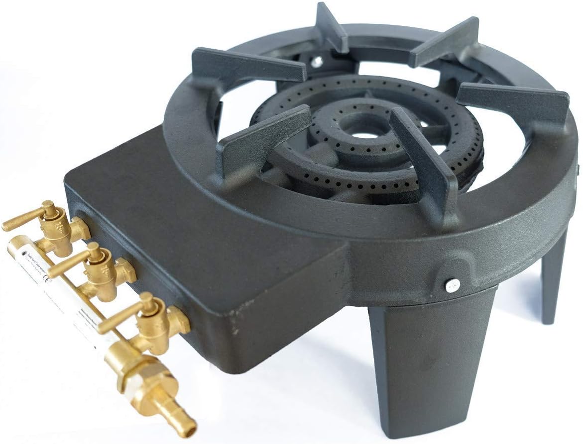 Meva Rechaud TRAITEUR gaz fonte TRIGLAV 9.8 KW 4 pieds 3 robinets Puissant et Stable, Noir