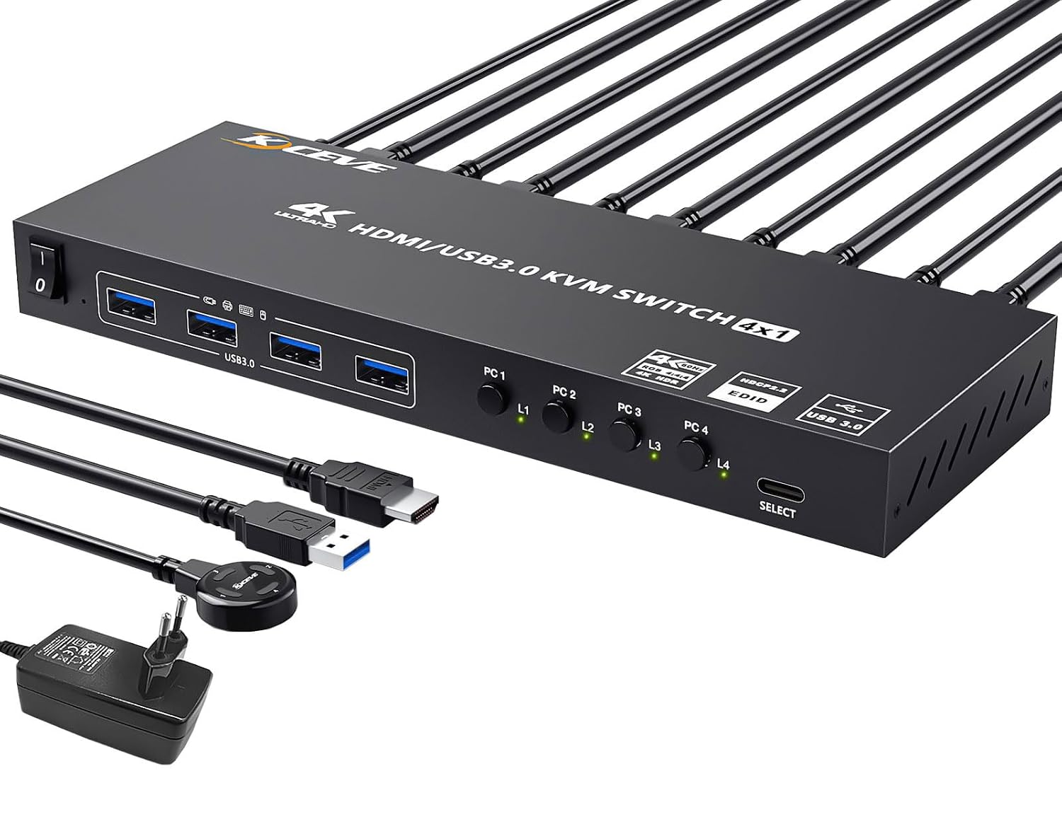 Switch KVM USB 3.0 HDMI 4 PC 1 Moniteur, KVM Switch 4 Ports 4K@60Hz EDID Simulé, Commutateur KVM Partage 4 Périphériques USB 3.0 Souris Sans Fil Clavier Imprimante, avec 5 Câbles et Wired Remote
