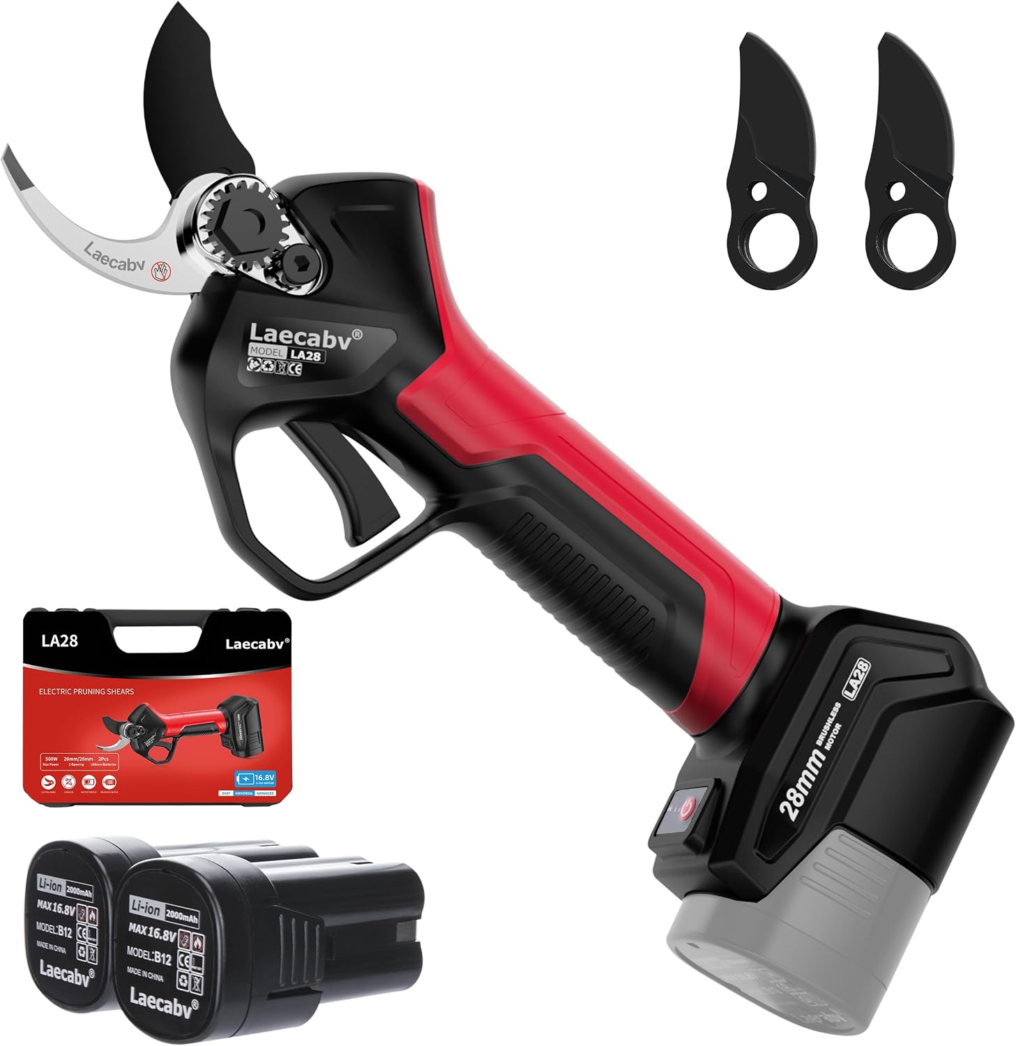 Sécateur électrique 28 mm avec batterie professionnelle, ciseaux branche sans fil avec moteur sans balai, 2 pièces batterie au lithium rechargeable de 16,8 V/2 Ah (LA28BKRD)
