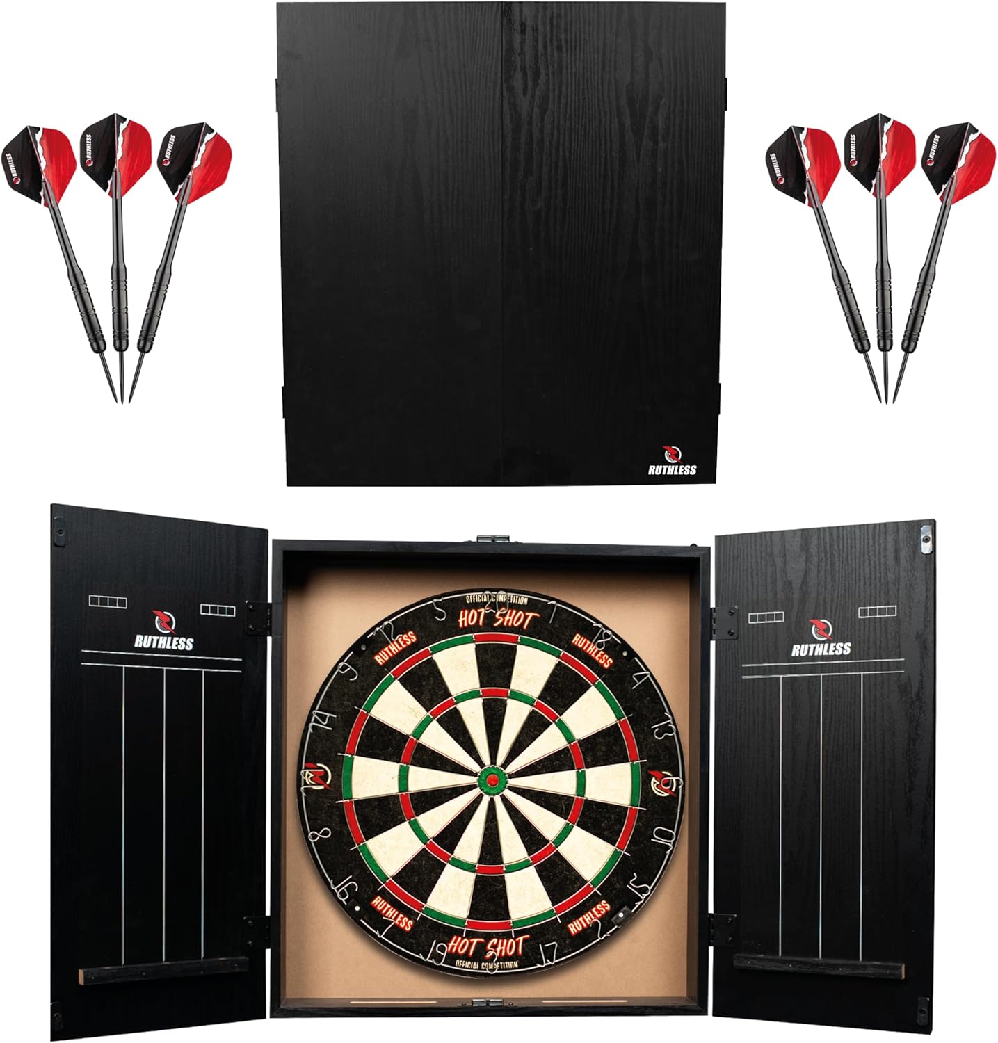 Ruthless Home Darts Centre | Options d'éclairage LED | Centre de fléchettes domestique avec armoire, cible de fléchettes et 2 jeux de fléchettes (USB)