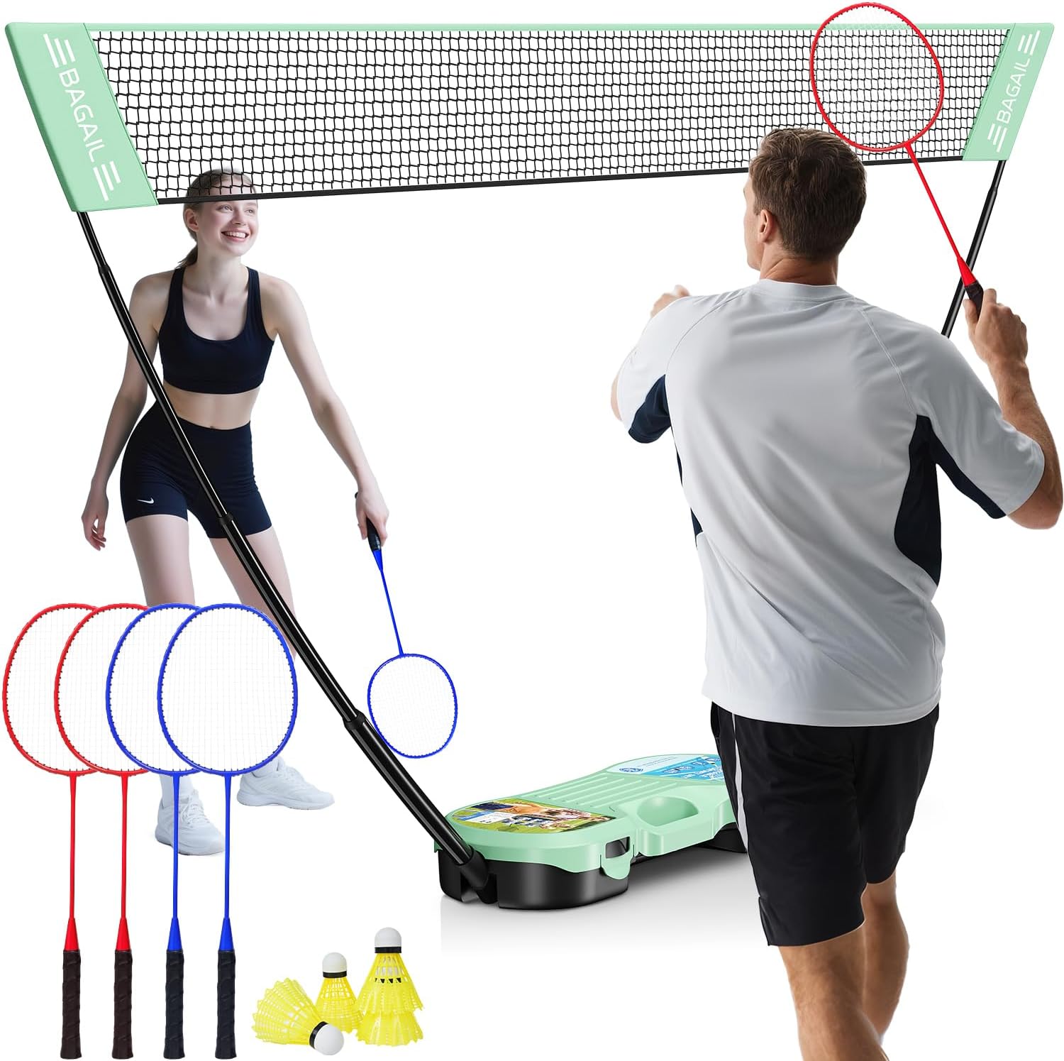 BAGAIL Ensemble de Filet de Badminton Portable - Sac de Rangement - Base Autonome - Installation Rapide - Filet de Badminton avec 4 Raquettes, 4 Volants pour Les Jeux en intérieur et en extérieur