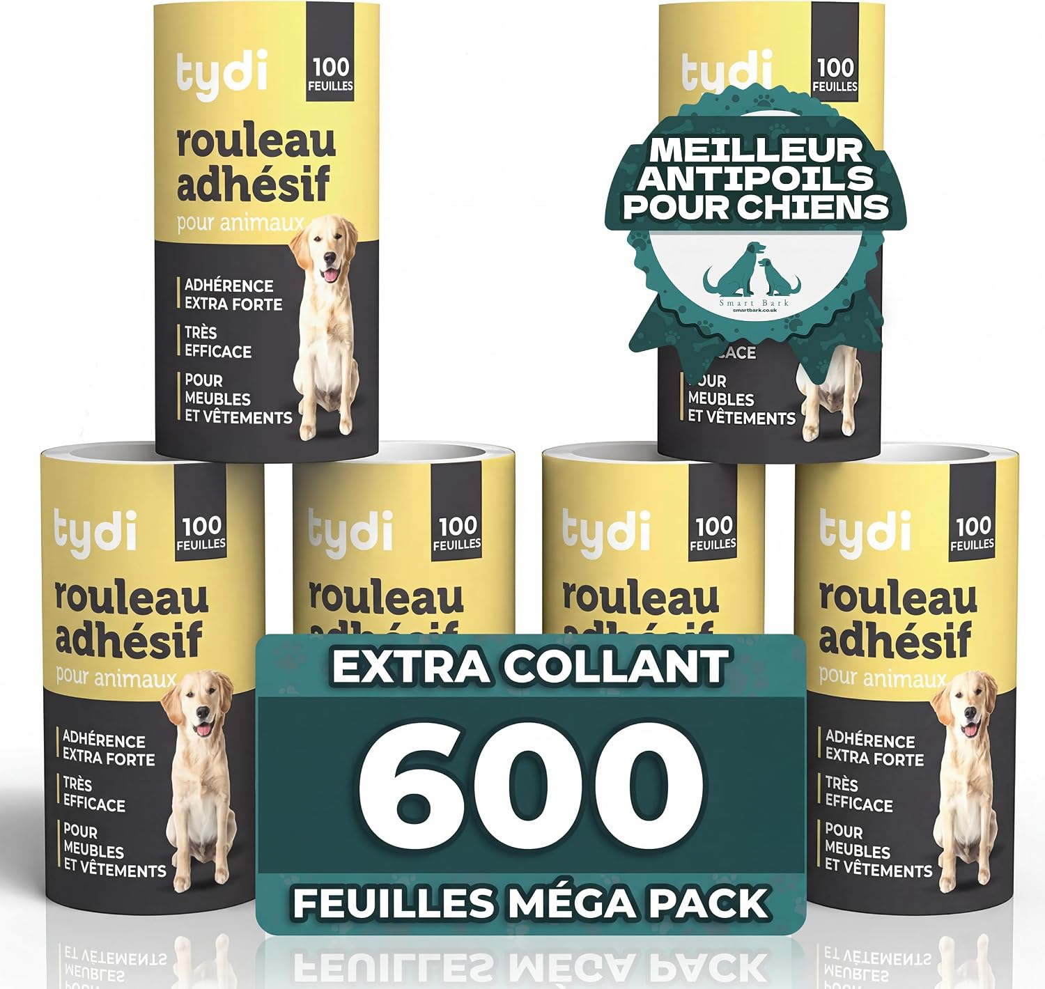 Tydi Recharges pour Rouleau Anti-Peluches Poils d'animaux, 6 Rouleaux de 100 Feuilles, Compatibles Poignées Standard