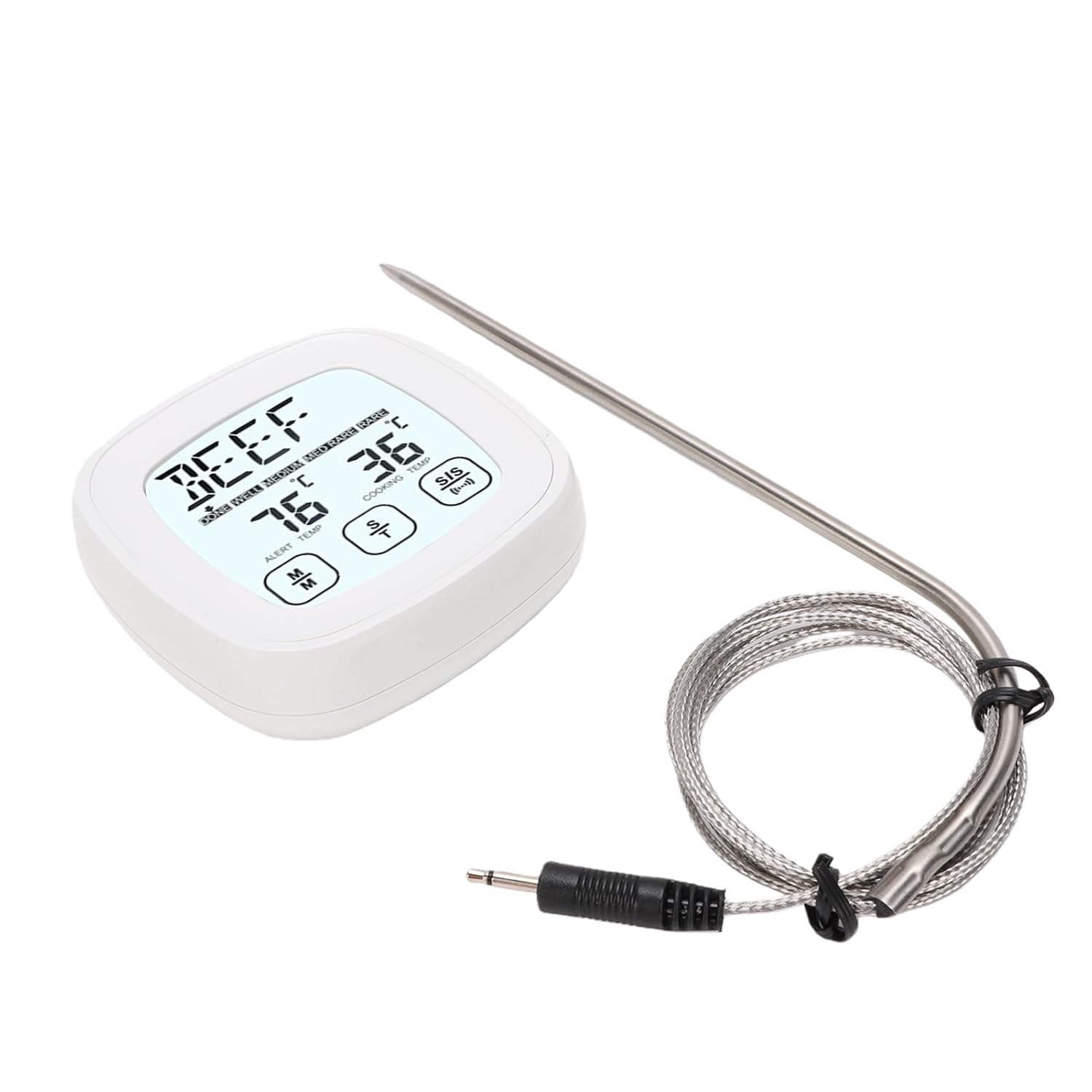 Bewinner Thermomètre de Cuisine Numérique, 9 Aliments Prédéfinis, 5 Niveaux de Cuisson, Minuterie, Plage de -20 ℃ à 300 ℃, Thermomètre pour Barbecue avec Sonde à écran Tactile pour