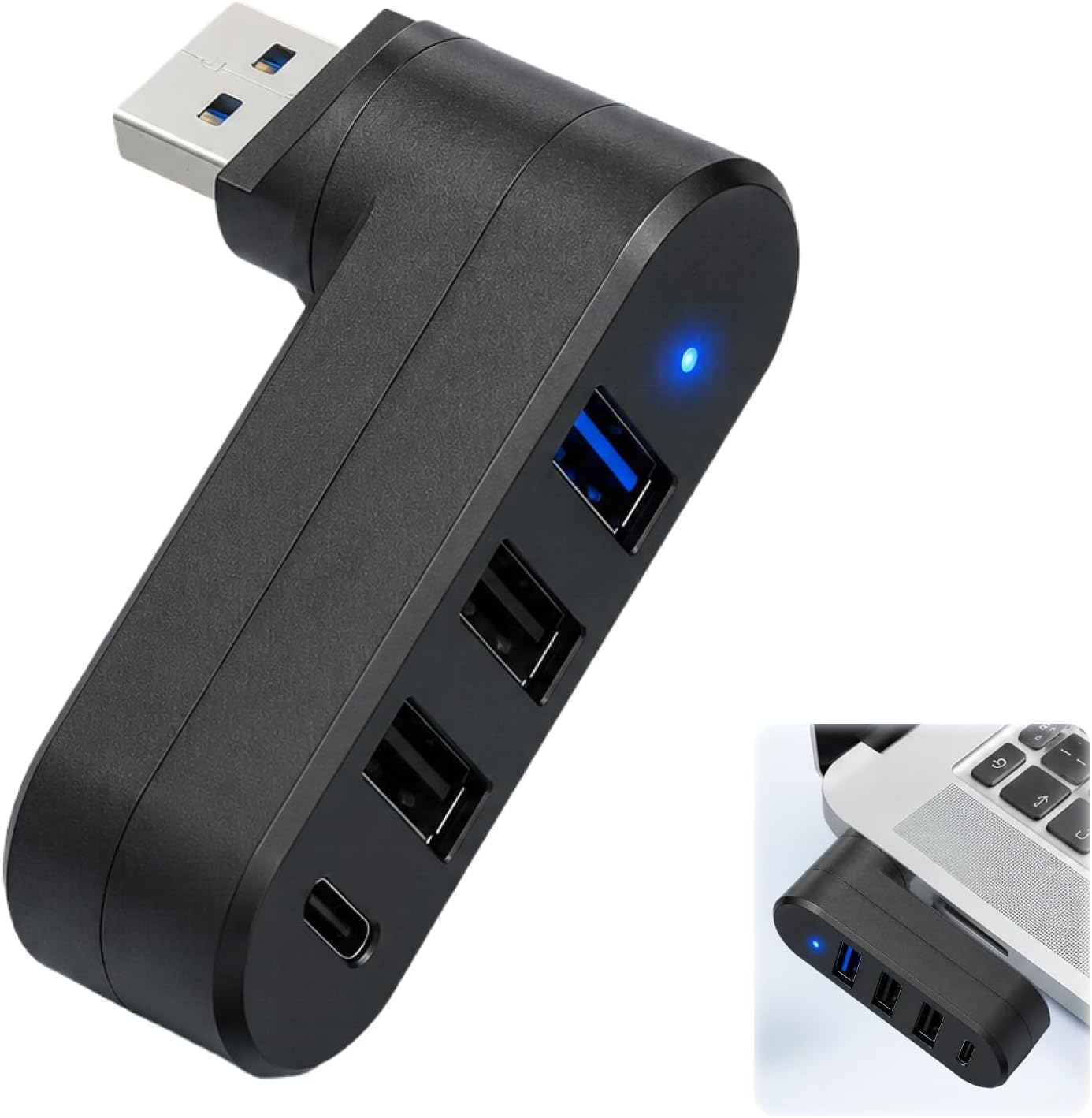 Multiprise USB Voiture, Doubleur Port USB 3, Hub USB 4 Ports avec 1 USB 3.0, 2 USB 2.0 et Type C, Répartiteur Rotatif 180° pour MacBook, PC, Portable, Clavier, Souris, Compact et Léger