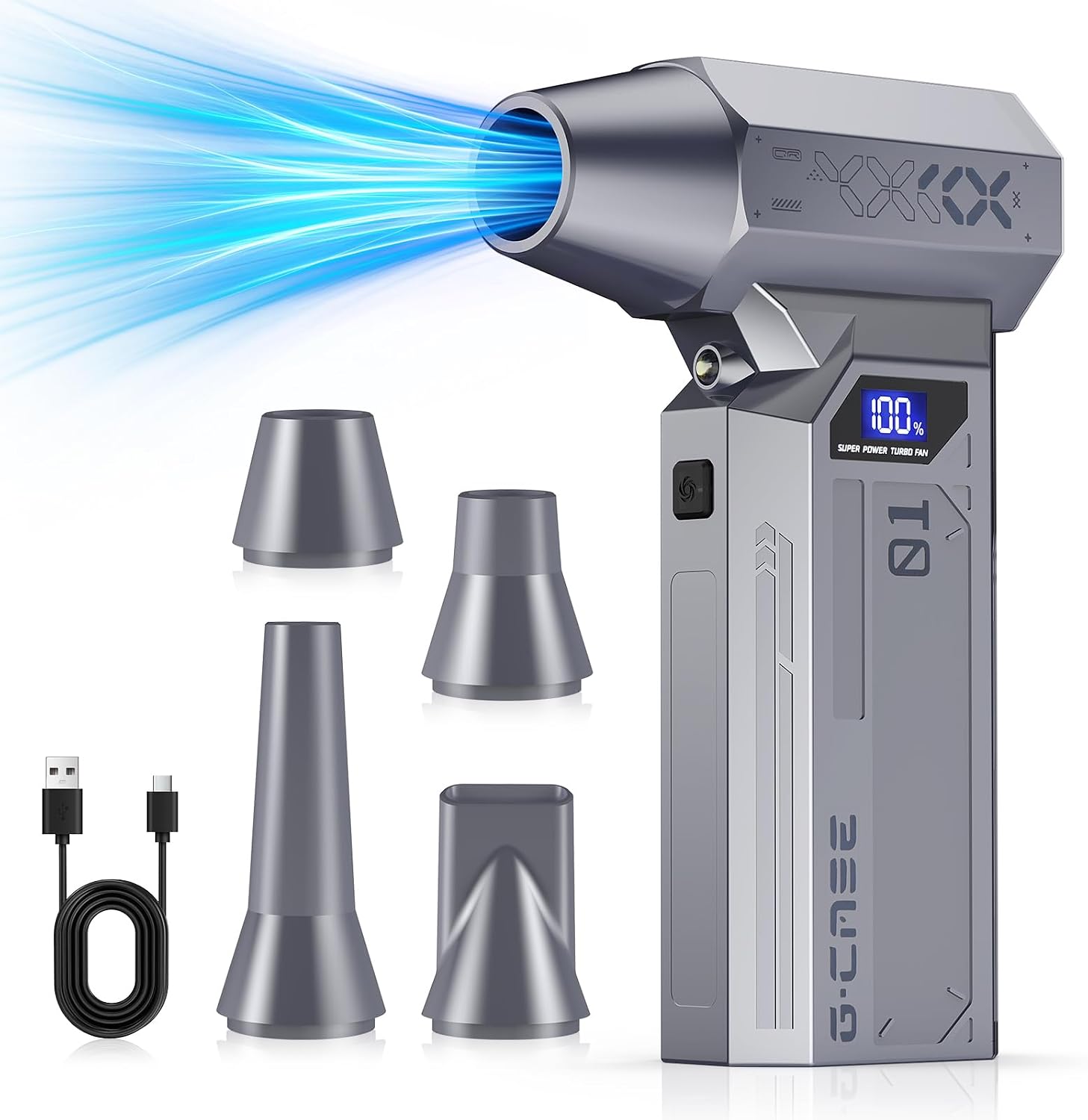 Souffleur Air Comprimé, 130000tr/min/140W, 4 Vitesses,Pression du Vent de 230g,Quatre Embouchures,Affichage LED, pour PC Duster, Nettoyage PC, Maison, Voiture,Canapé, Clavier