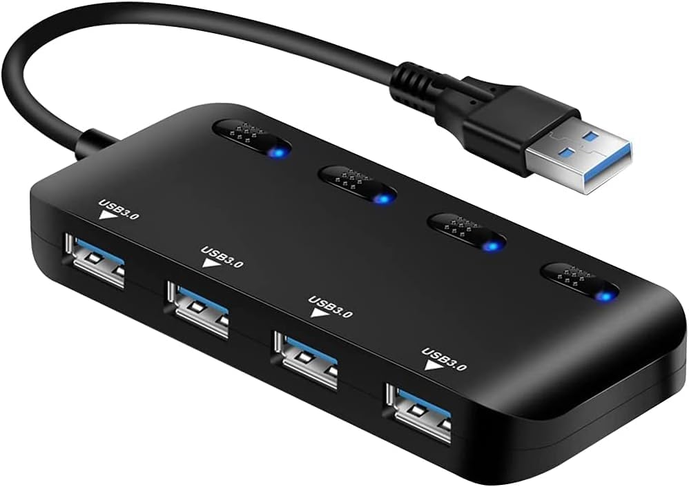 Hub USB 3.0 Multiprise, Multi 4 Ports USB Multiple Ultra Fin avec Voyants de Commutateurs d'alimentation Individuels…