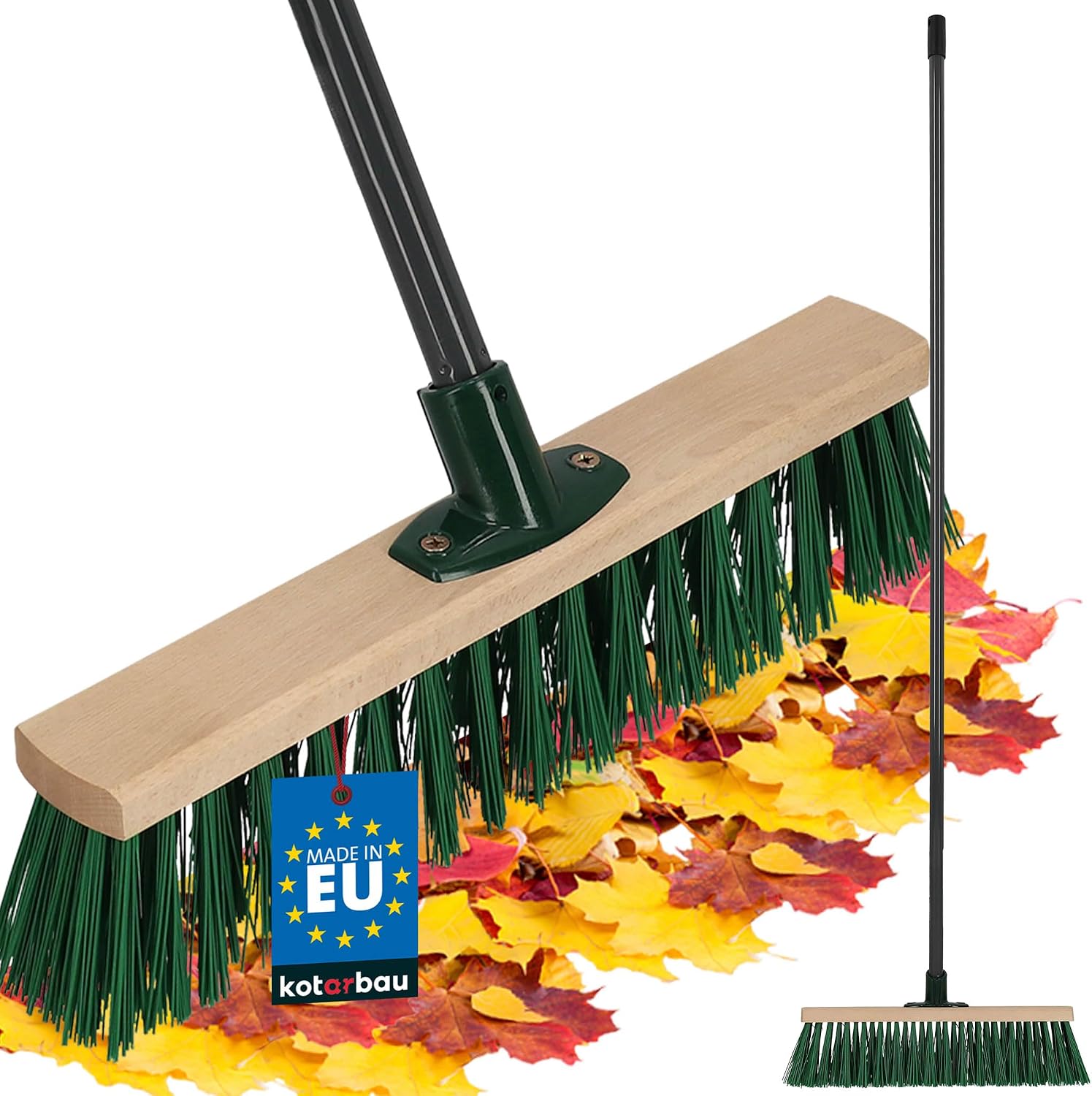 KOTARBAU® Balai Brosse - Bois de Hêtre - 50 cm - Vert - Balai Extérieur - Brosse pour Terrasse - Poils Durs - avec Un Manche en Bois