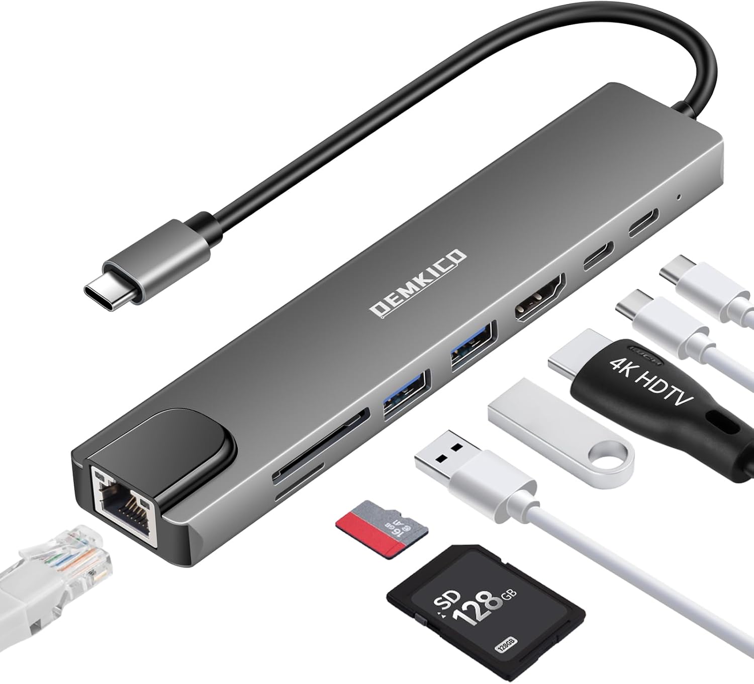 Hub USB C 8-en-1 avec HDMI 4K Ethernet Lecteur SD/TF
