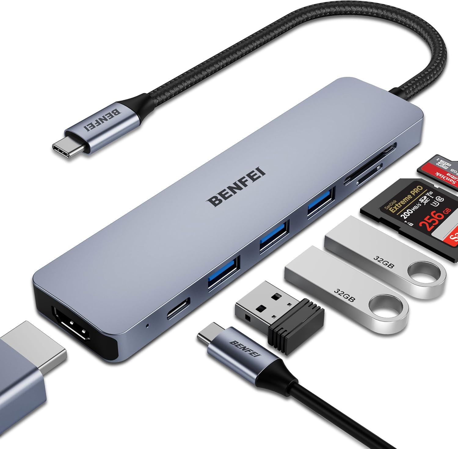 BENFEI Hub USB C 7en1 Adaptateur multiport USB-C vers HDMI 4K/PD 100W Gris