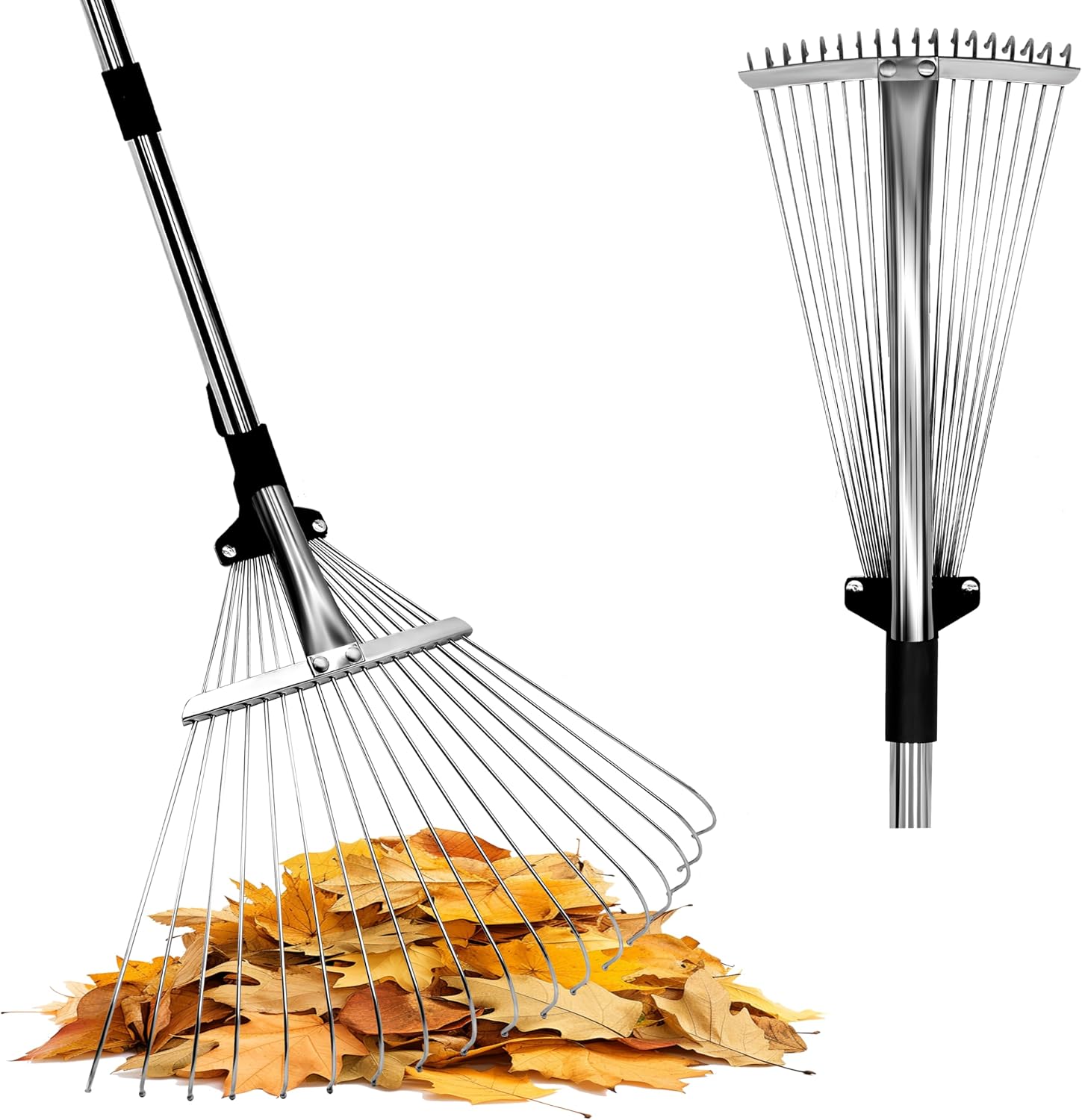 Râteau à feuilles avec manche 175 cm – Balai à feuilles 18 dents avec tête réglable (20-45 cm) – Idéal pour les grandes surfaces et nettoyage plus fin sous les haies – Léger et robuste pour adultes et