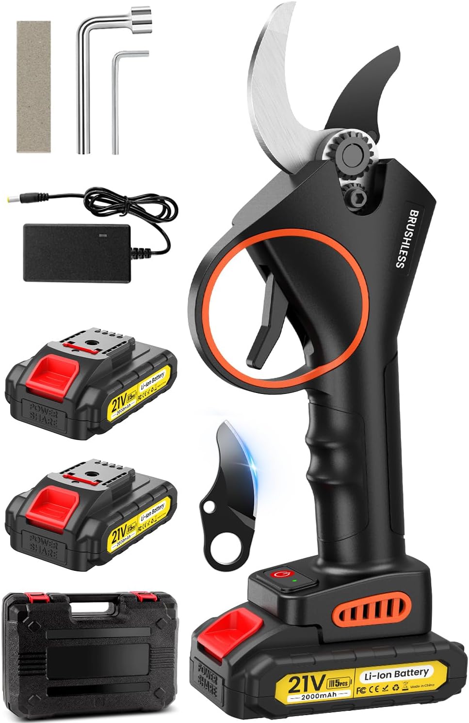 Secateur Electrique Sans Fil, 33mm, 800W Motor Sans Balais Secateur Electrique Professionnel avec 2 x 2000 mAh & Lames de Rechange & Boîte,Sécateur pour l'élagage des arbres et le jardinage
