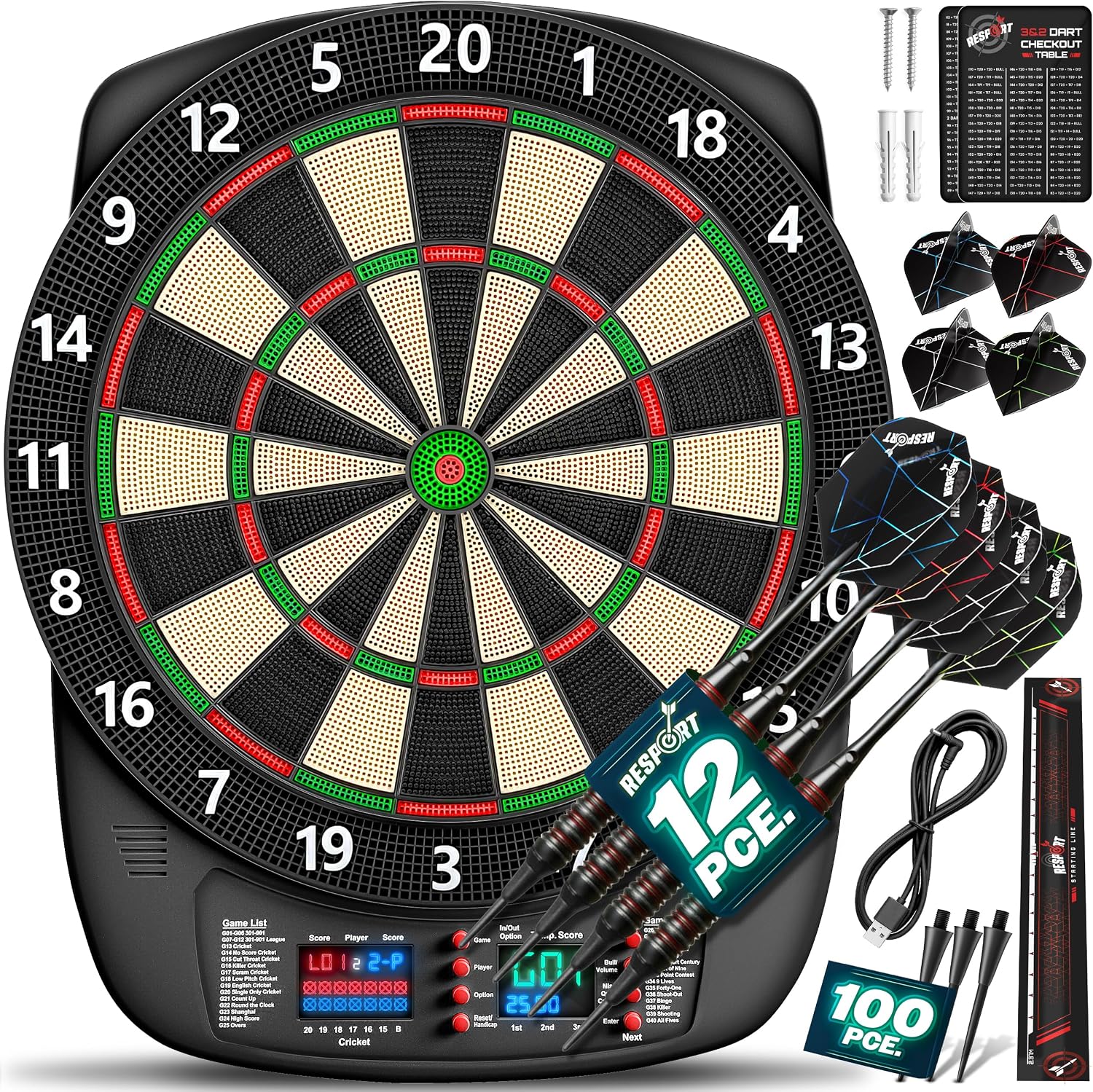 RE:SPORT® Cible de fléchettes électronique professionnelle avec 12 flèches + 24 ailettes Pro + 100 pointes de fléchettes et accessoires | Machine à fléchettes E pour 1 à 8 joueurs avec 427 variantes |