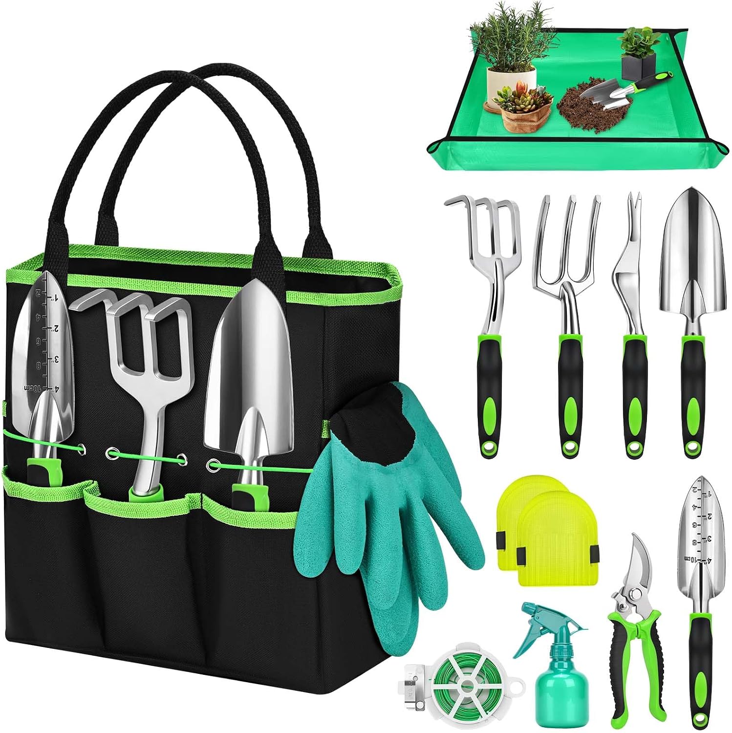 Mactoou Outils de Jardinage, 12 Pièces kit Jardinage avec Petite Pelle Jardinage, Sac de Rangement, Tapis de Rempotage, Cadeau de Jardin pour Les Adulte, Hommes et Les Femmes