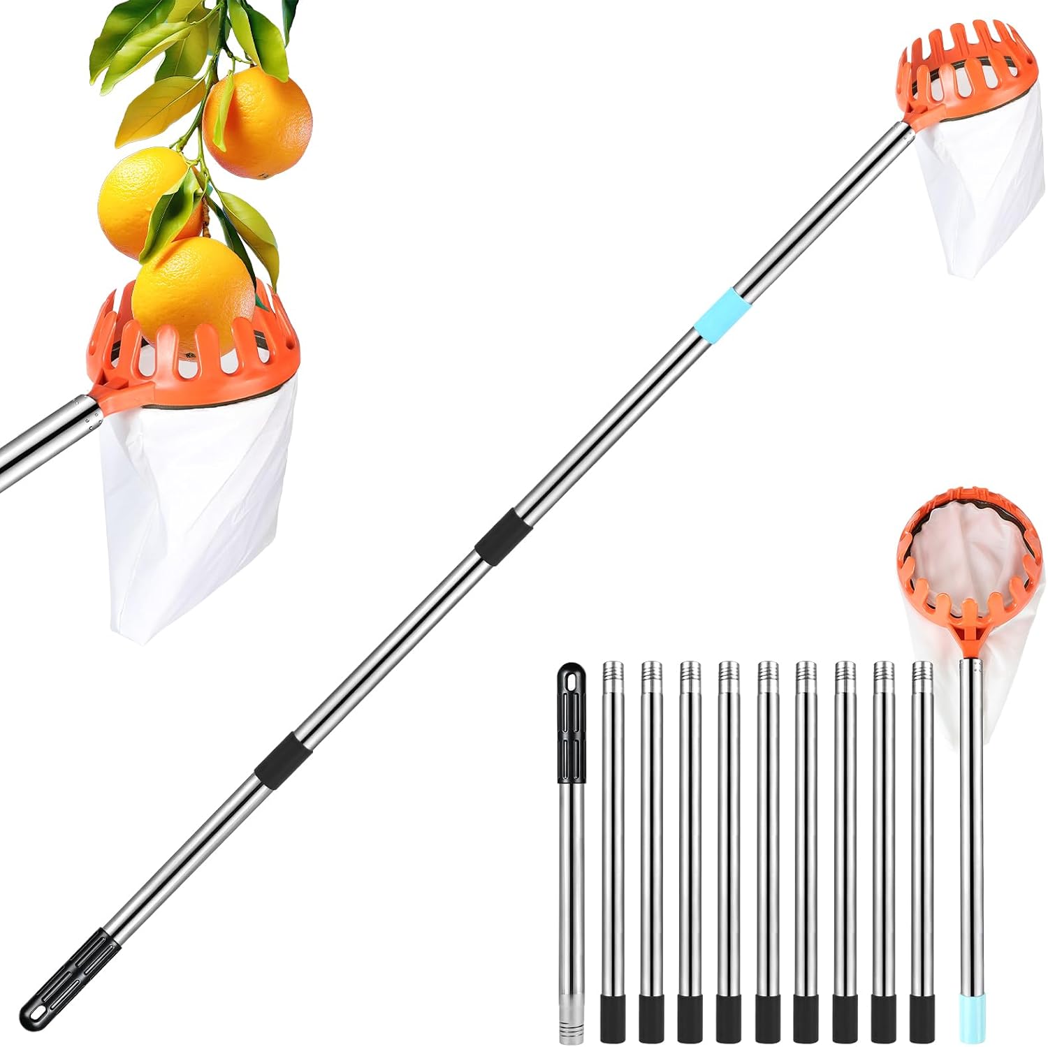 DBREAKS 2,4 M Cueille Fruit Telescopique, Fruit Outil Cueillette avec Sac en Coton, Cueille Fruit Telescopique pour la RéColte des Pommes, Cerises, Poires, PêChes