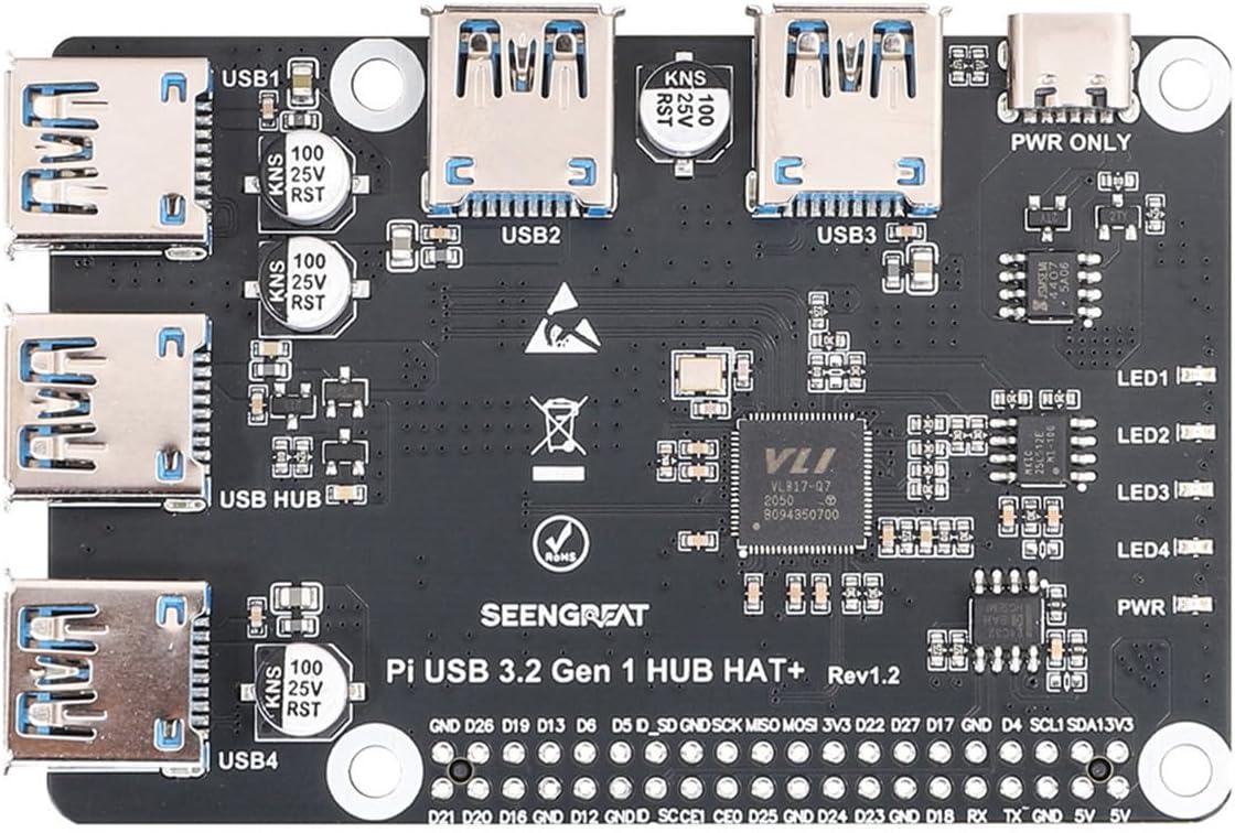 Pi 3.2 Gen1 HUB Hat+ for Raspberry Pi, 4-Port High-Speed Expansion Board with Type-C Power Input, Onboard EEPROM, Plug & Play Interface Compatible with USB 2.0/1.1 Devices