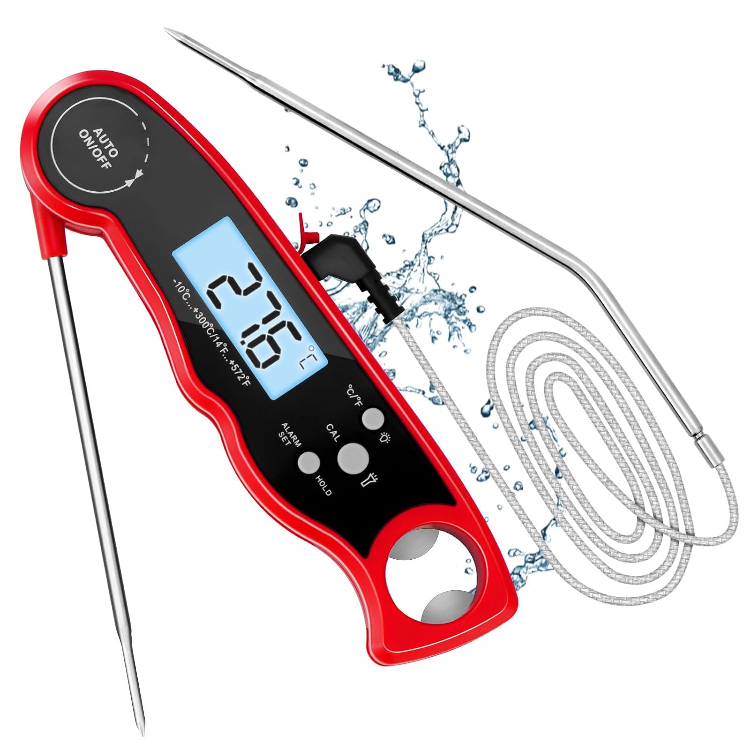 YIIFELL Thermometre Cuisine, Thermomètre Cuisine 3s Lecture instantané avec 120cm Pliable Sonde, Réglage de l'alarme, Écran LCD Rétroéclairé pour Cuisson, Viande, BBQ, Steak, Huile, Lait, Vin