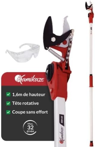 KAMIKAZE Échenilloir Coupe-Branches Télescopique jusqu'à 4 m. Mécanisme de Poulies Réducteur d'Effort. Tête Rotative et Lame en Acier SK5 avec Revêtement Antiadhésif. Sécateur Télescopique KM-63TLX