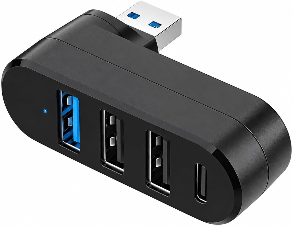 Hub 3.0 Rotatif [90°/180°] avec 3 Ports USB et 1 Port USB-C, Adaptateur 90°/180° Noir pour Adultes, Ordinateur Portable, PC, Clavier, Souris, Imprimante, Bureau, Voiture et Voyage