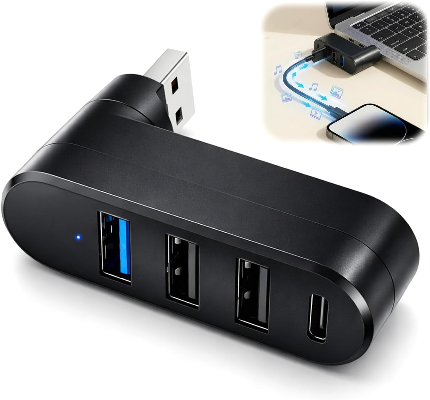3.0 Hub USB à Multiple Ports, Rotatif 90°/180° 4 Ports USB Prise [2*Ports USB 2.0, 1*Ports USB 3.0 et 1*Port USB-C], Hub USB Multiport pour PC Ordinateur Imprimante Voiture