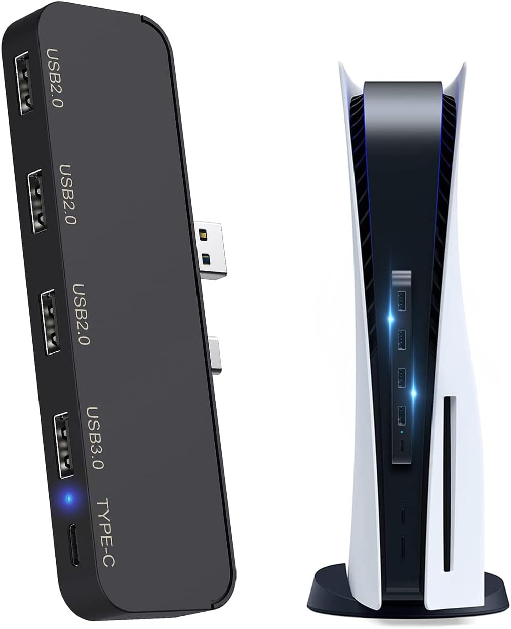 Hub USB 5 Ports pour PS5 - Tendak Adaptateur de Hub d'extension USB 3.0 Haute Vitesse avec 4 Ports USB + 1 Port Type C pour Playstation 5 Jeu Console