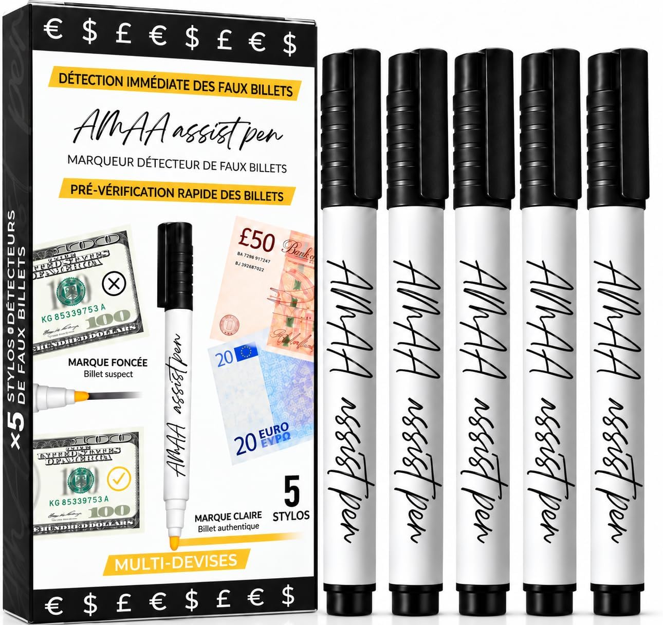 Kit Stylo Détecteur Faux Billets EUR/USD/GBP Pack de 5