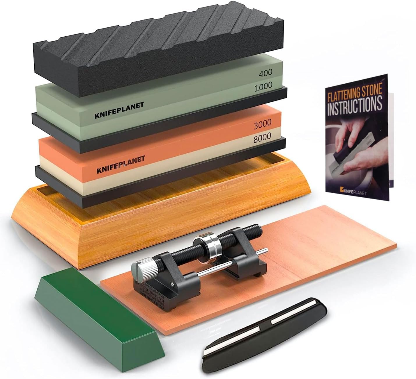 KNIFEPLANET couteau set 400/1000 pierre affûtage et 3000/8000-grit professional, safe affûteur whetstone comprend aplanissement, base de bambou et 2 nonslip en caoutchouc