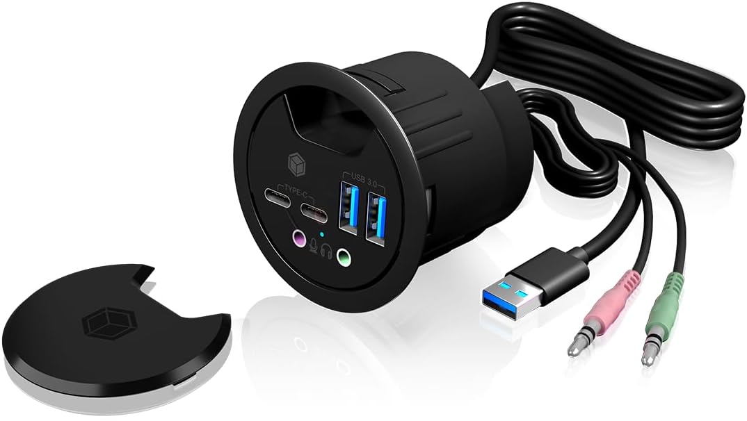 ICY BOX Hub USB de bureau (60 mm) à encastrer, 4 Ports USB 3.0 (2x USB-C & 2x USB-A), Entrée/sortie audio, Passe-câble, Noir, IB-HUB1403B