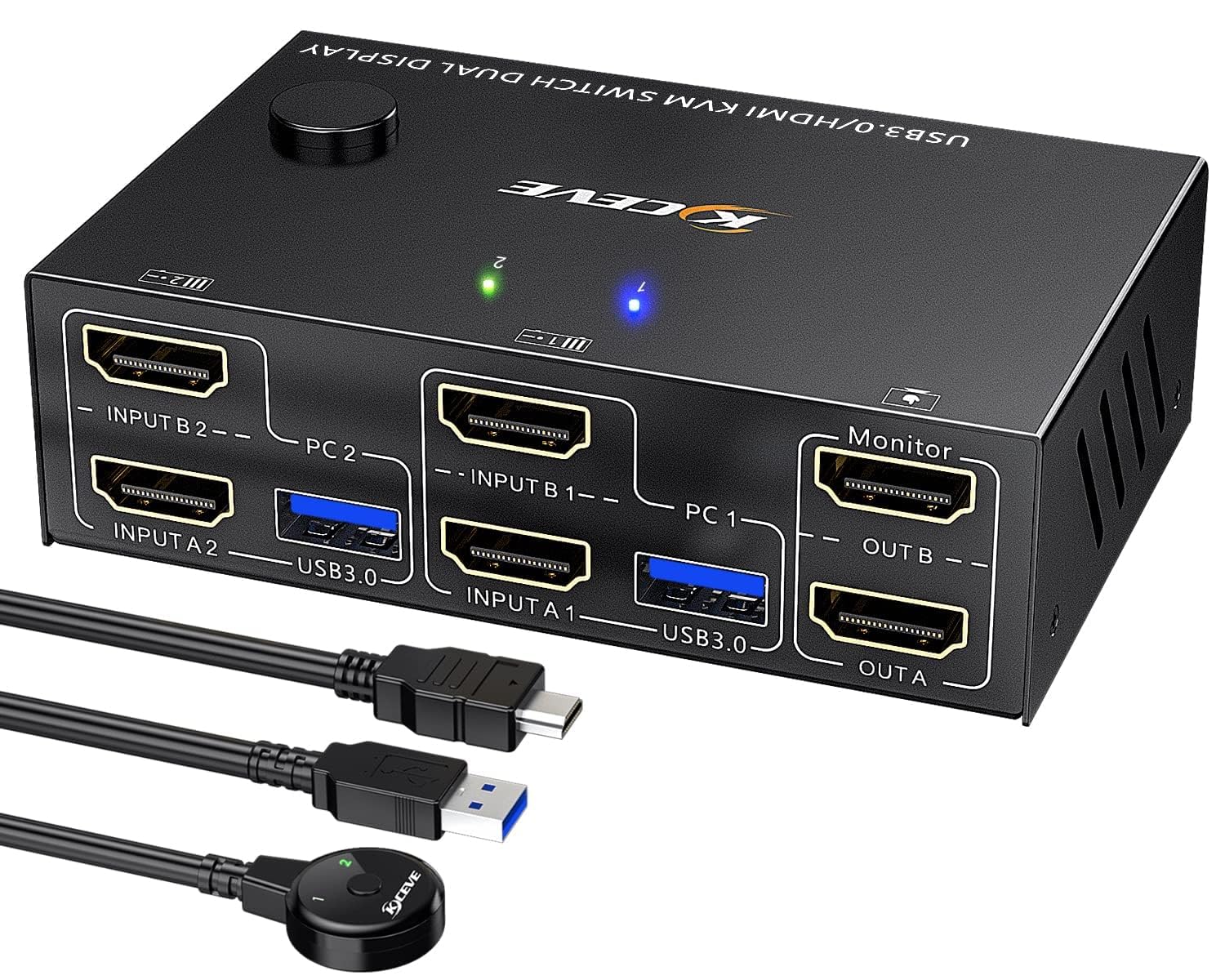 Displayport HDMI KVM Switch 2 PC 2 Moniteurs 4K@60Hz USB 3.0 Commutateur KVM à double Moniteur pour 2 Ordinateurs Partager Clavier Souris et 2 Moniteurs, 2 câbles USB3.0 Inclus