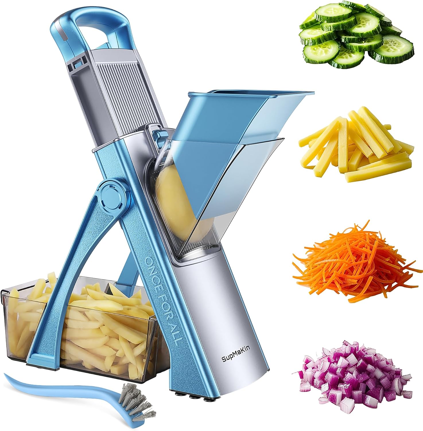 SupMaKin Mandoline de Cuisine Safety Slicer Manuelle Multifonction Tous Coupe Légumes Lame en acier inoxydable, Julienne, Cubes, Fcoupe Patate Frite carotte,Euroshopping (Blanc)