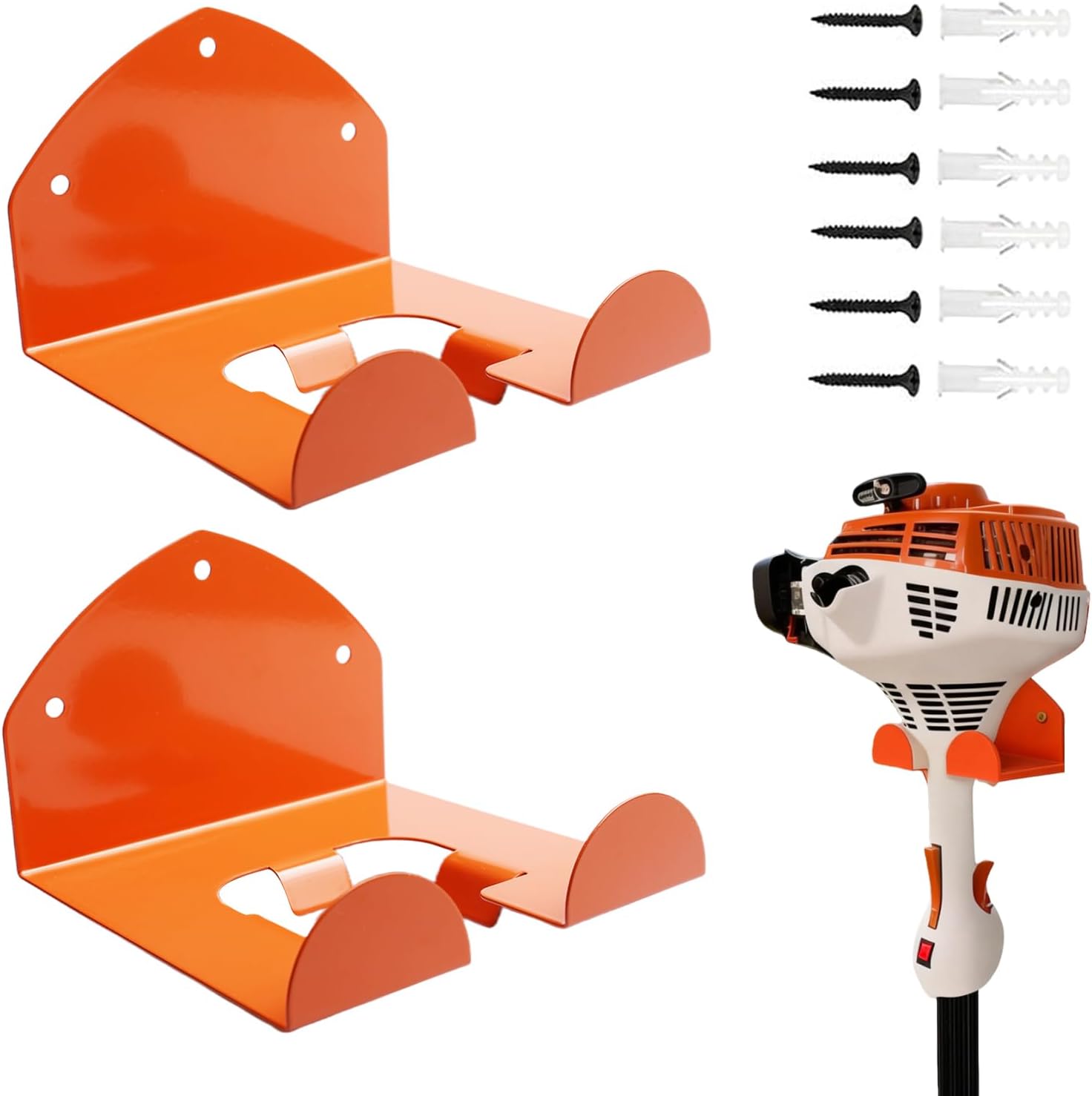 PORFOYO 2 Pièces Support Mural Pour Débroussailleuses: Soutien à La Débroussailleuse Murale, Avec Vis, Support Mural Pour Coupe-Bordures Idéal Rangement Garage Coupe Herbe Tronçonneuse Etc (Orange)