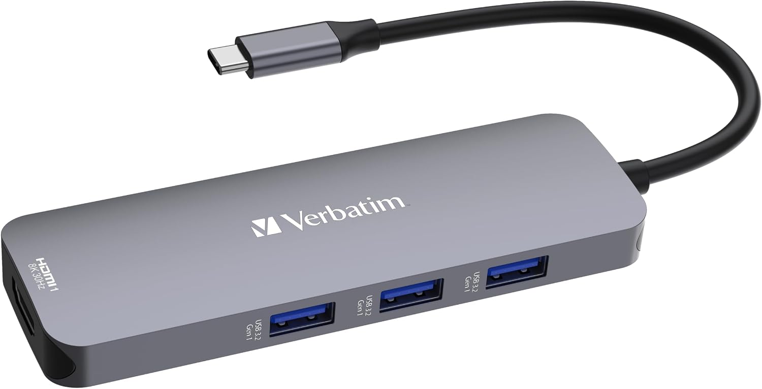 Verbatim Hub 8-en-1 USB-C, Adaptateur multiports USB-C vers HDMI, USB-A et USB-C PD, Lecteur de Cartes SD et microSD Compatible avec Mac, MacBook Pro/Air, iPad Pro, ThinkPad, PC sous Windows