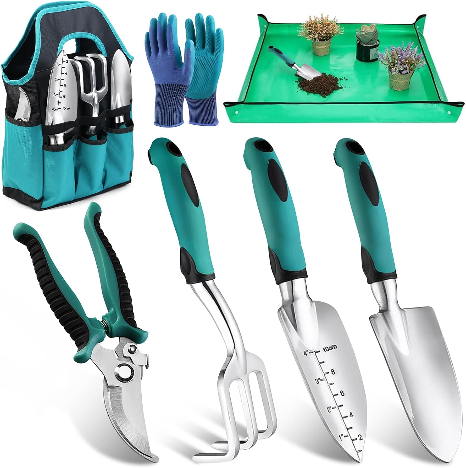 Outils de jardin - Accessoires de jardin - Avec tapis de plantation - Pelle de jardin - Pelle de jardin - Râteau à main - Sac de jardinage - Sécateur - Kit d'outils de transplantation - Petit
