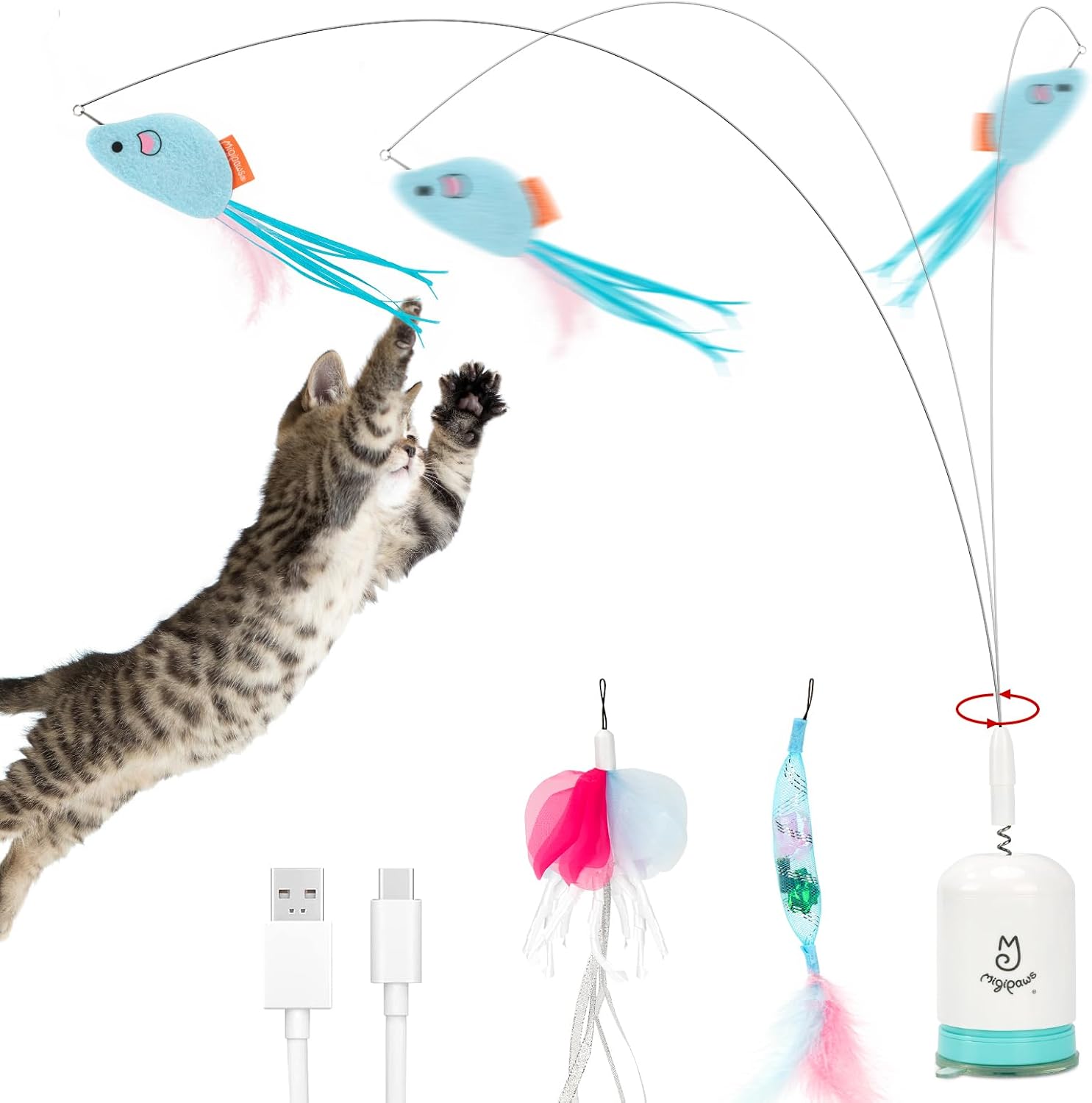 Jouet interactif automatique Migipaws pour chat avec ventouse puissante, fil flexible de 70 cm et conception pliable DIY, jouet rechargeable pour chat avec minuterie automatique pour chats d'intérieur