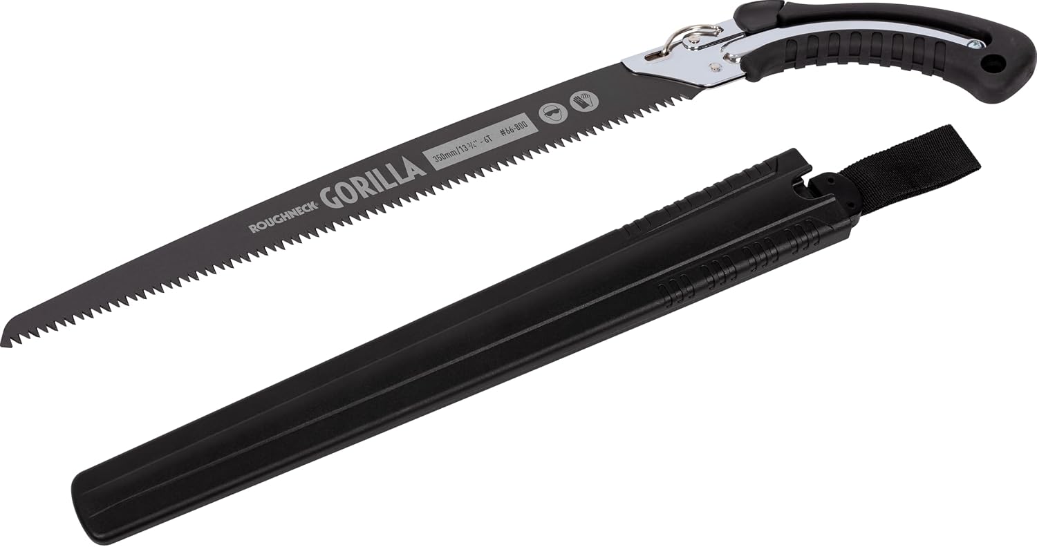 Scie d'élagage Roughneck Gorilla Fast Cut avec lame de 350 mm, denture triple affûtée et revêtement PTFE, acier chromé, poignée en caoutchouc antidérapante avec œillet pour dragonne et étui