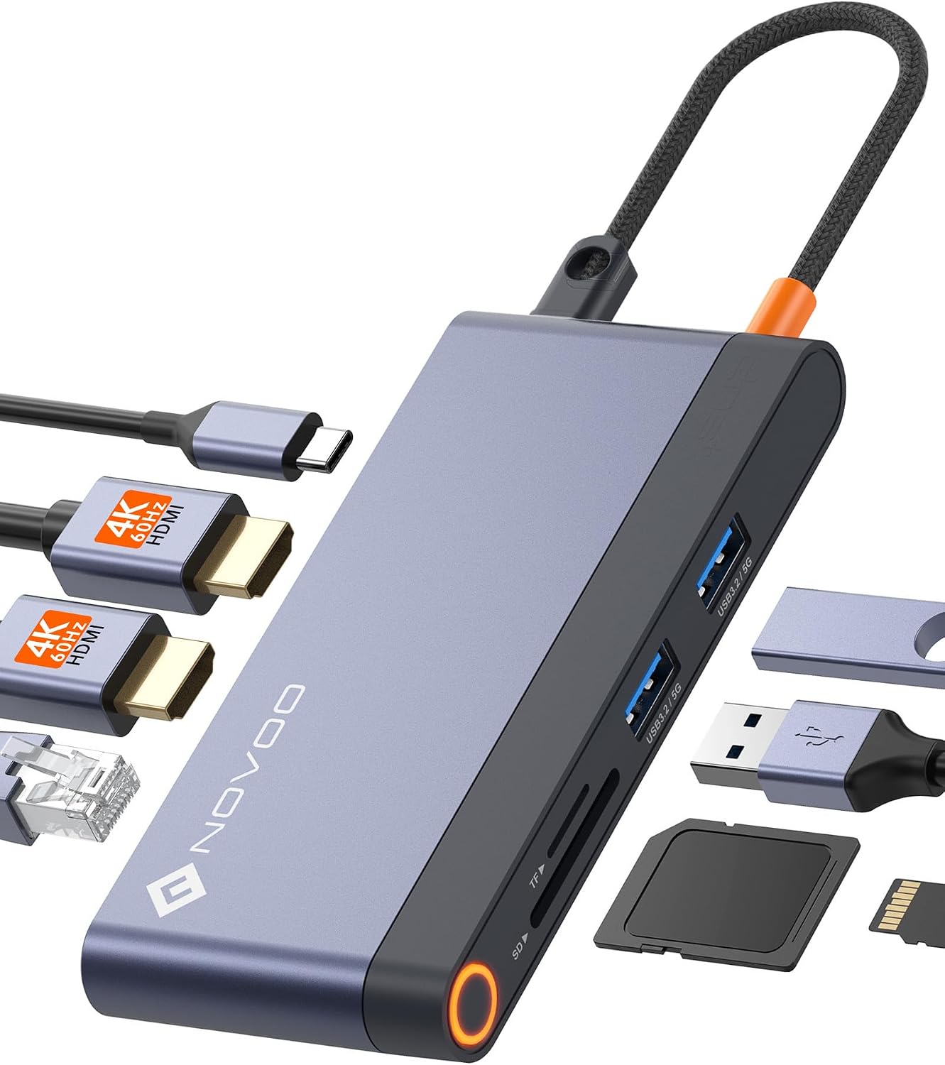 NOVOO Docking Station USB C Double HDMI, 8-en-1 Hub USB C vers Dual HDMI 4K, Ethernet RJ45, USB 3.2, PD 100W, SD/TF Multiport Dock pour Macbook Pro/Air, Surface, HP, Dell, Lenovo