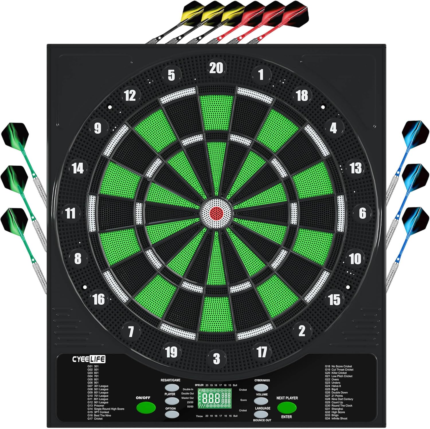 CyeeLife Cible de fléchettes électrique,Jeu de Flechette électronique Lumineux,34 Jeux et 355 Variantes,1 à 8 Joueurs